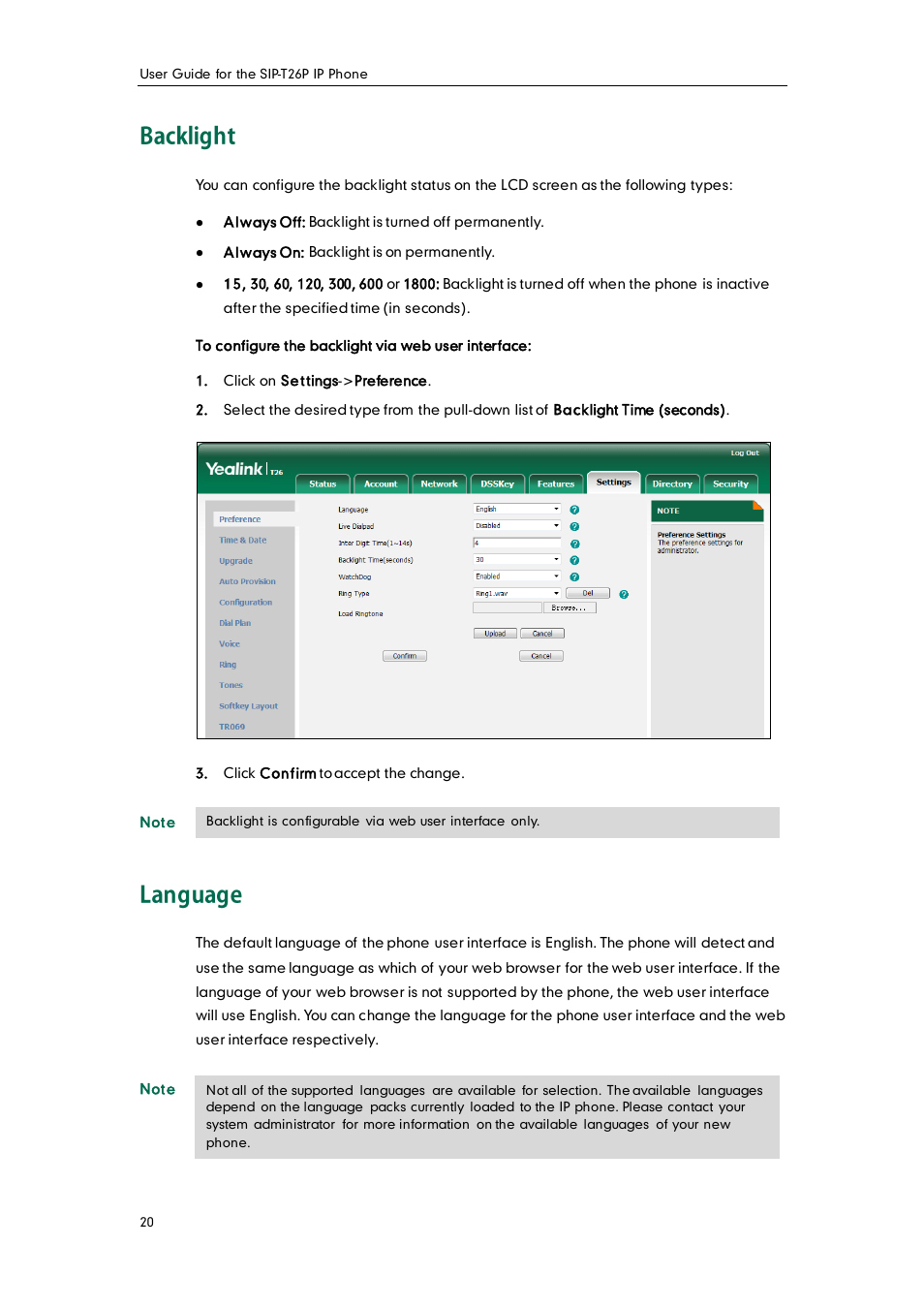 Backlight, Language | Yealink SIP-T26P User Manual | Page 32 / 150