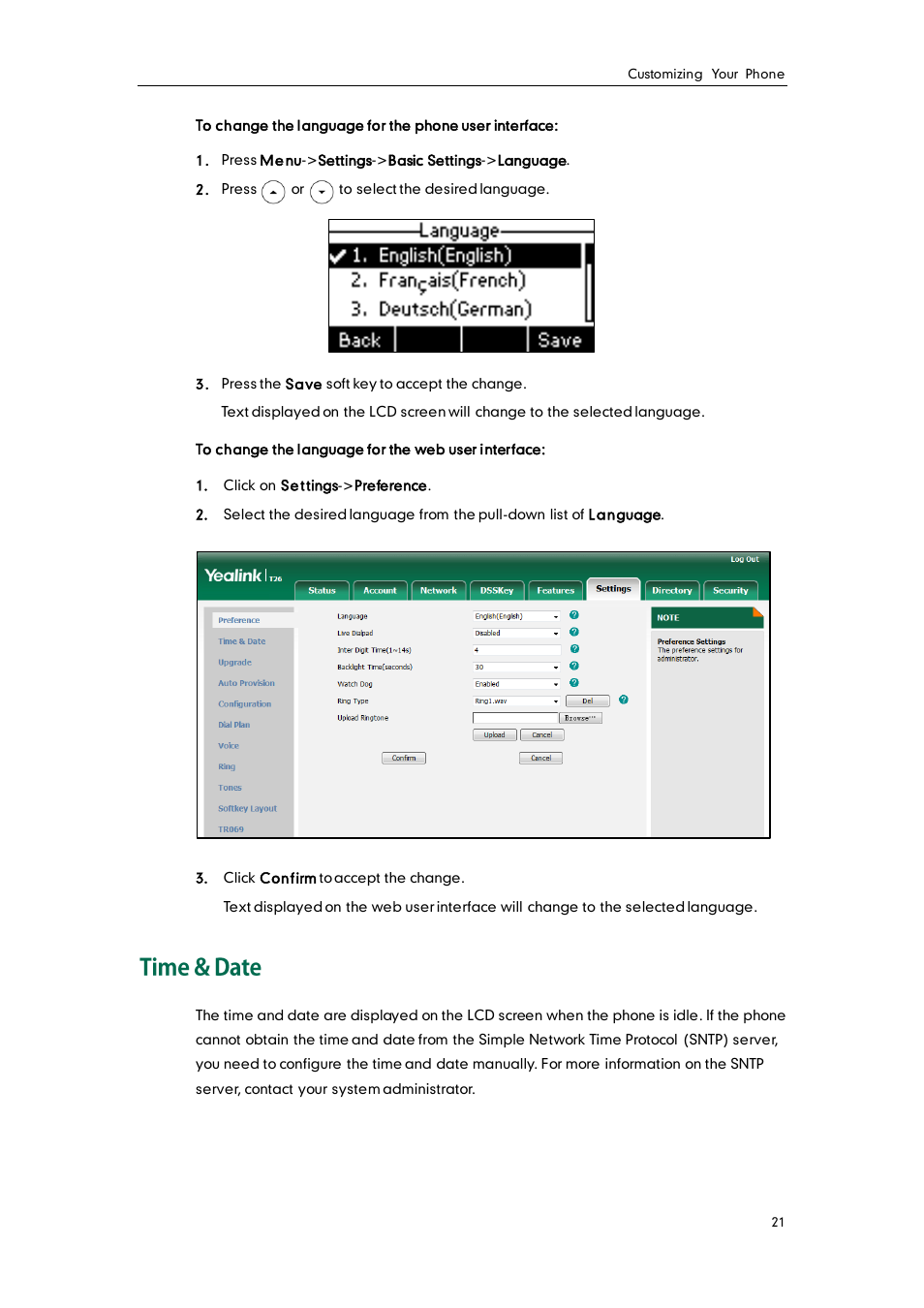 Time & date | Yealink SIP-T26P User Manual | Page 33 / 150