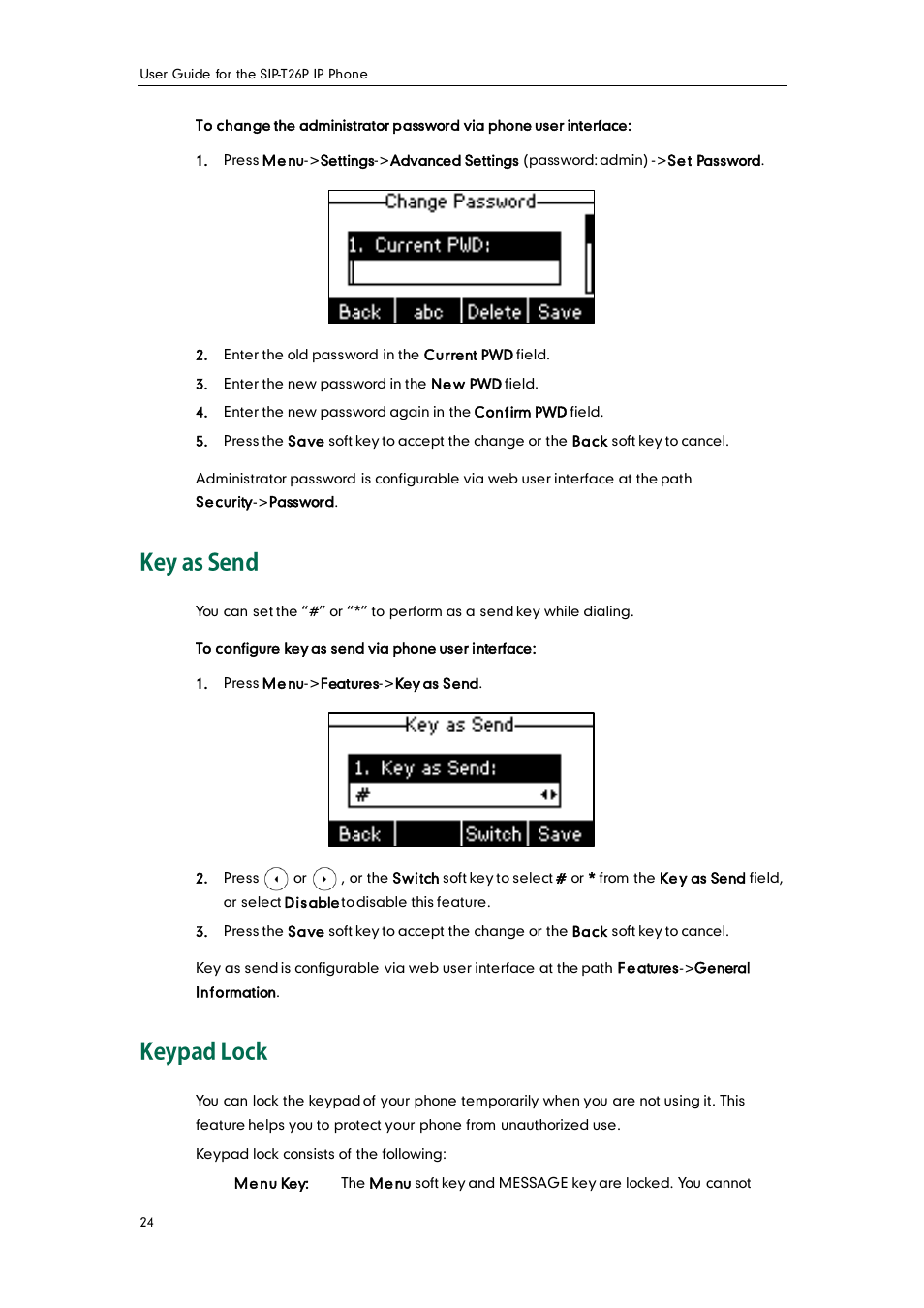 Key as send, Keypad lock | Yealink SIP-T26P User Manual | Page 36 / 150