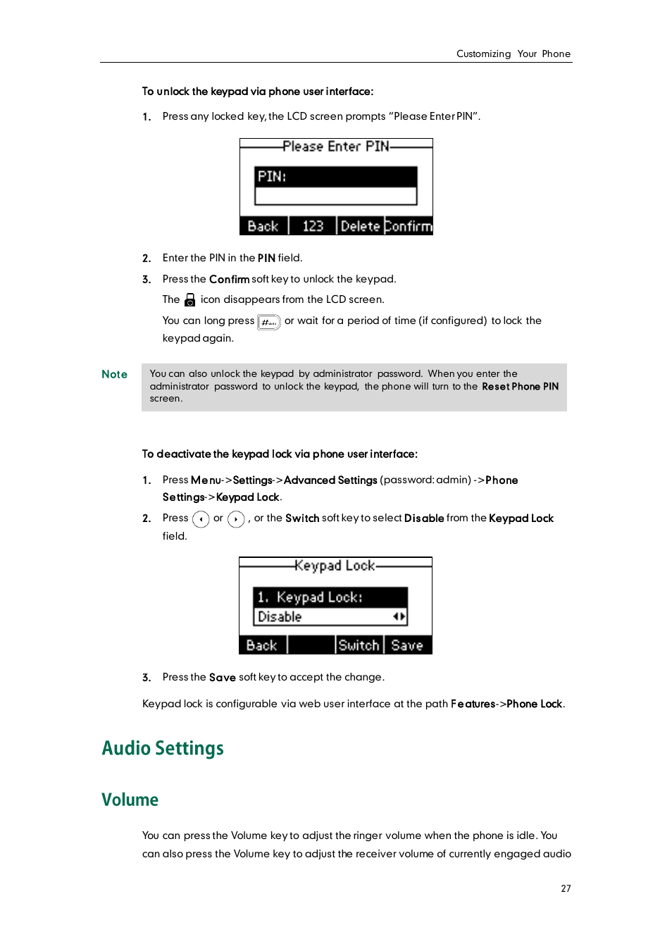 Audio settings, Volume | Yealink SIP-T26P User Manual | Page 39 / 150