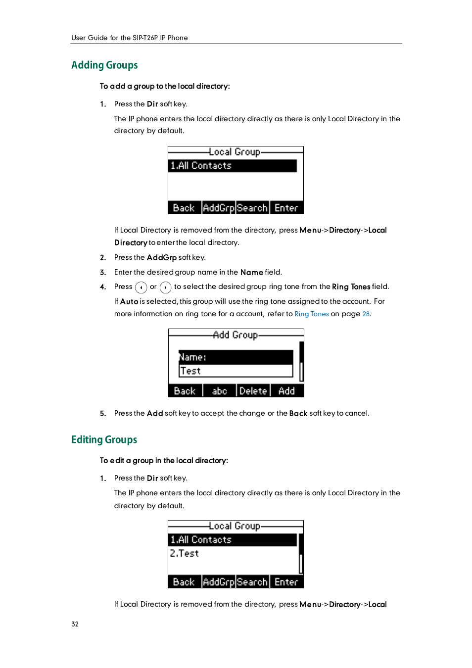 Adding groups, Editing groups | Yealink SIP-T26P User Manual | Page 44 / 150