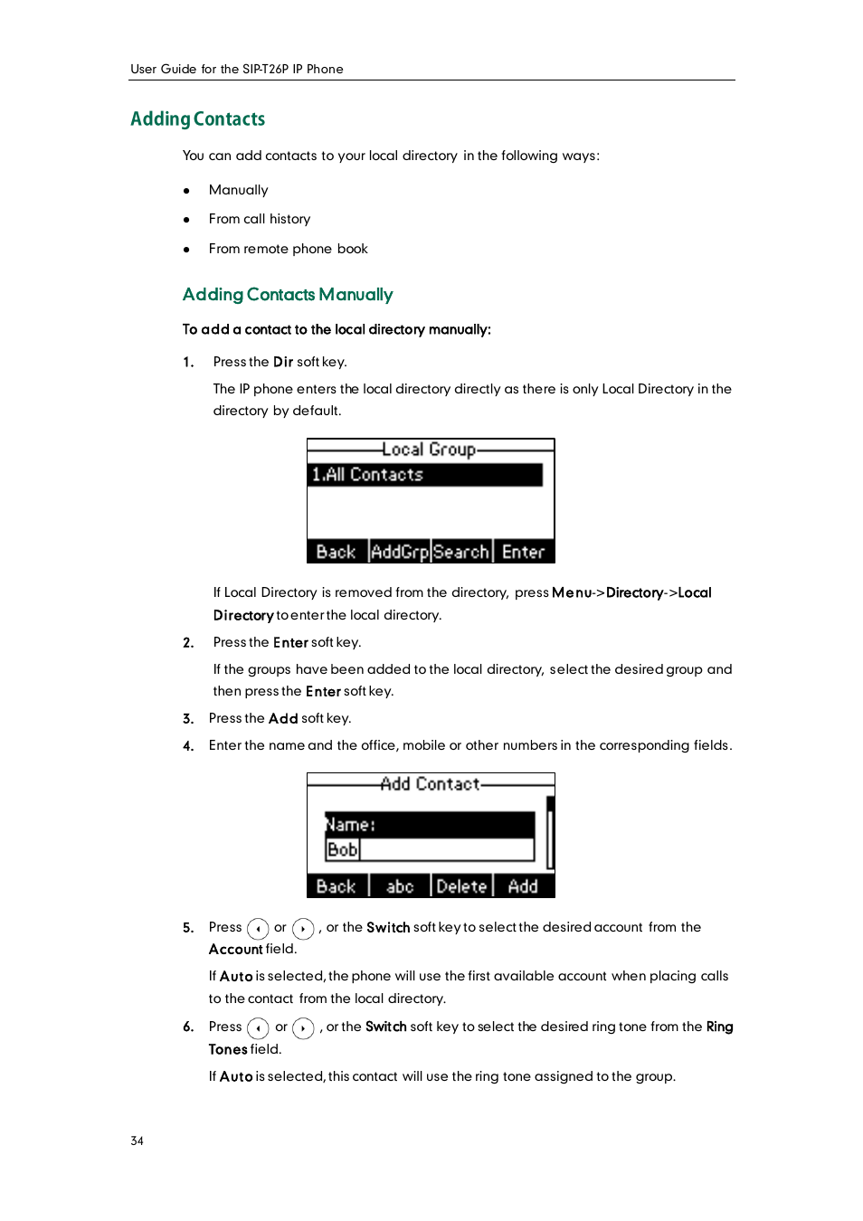 Adding contacts, Adding contacts manually | Yealink SIP-T26P User Manual | Page 46 / 150