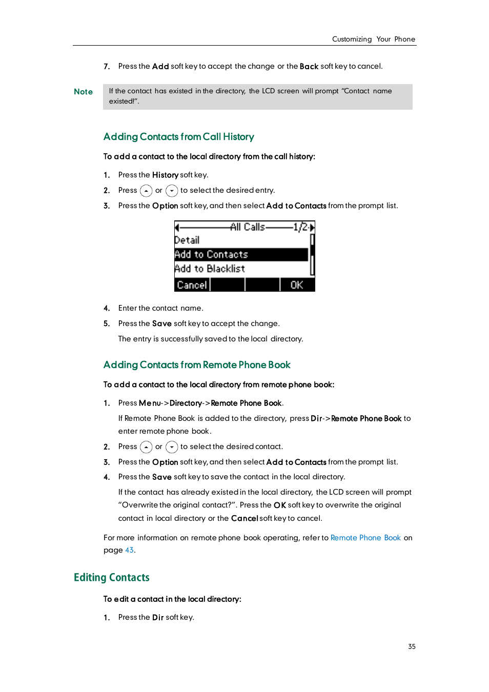 Editing contacts, Adding contacts from call history, Adding contacts from remote phone book | Yealink SIP-T26P User Manual | Page 47 / 150