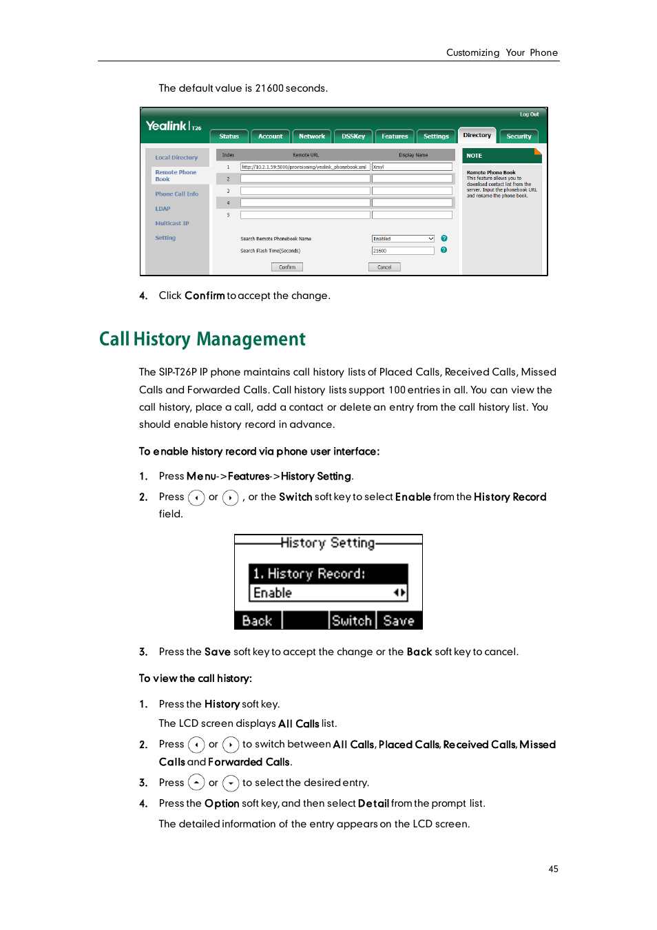 Call history management | Yealink SIP-T26P User Manual | Page 57 / 150