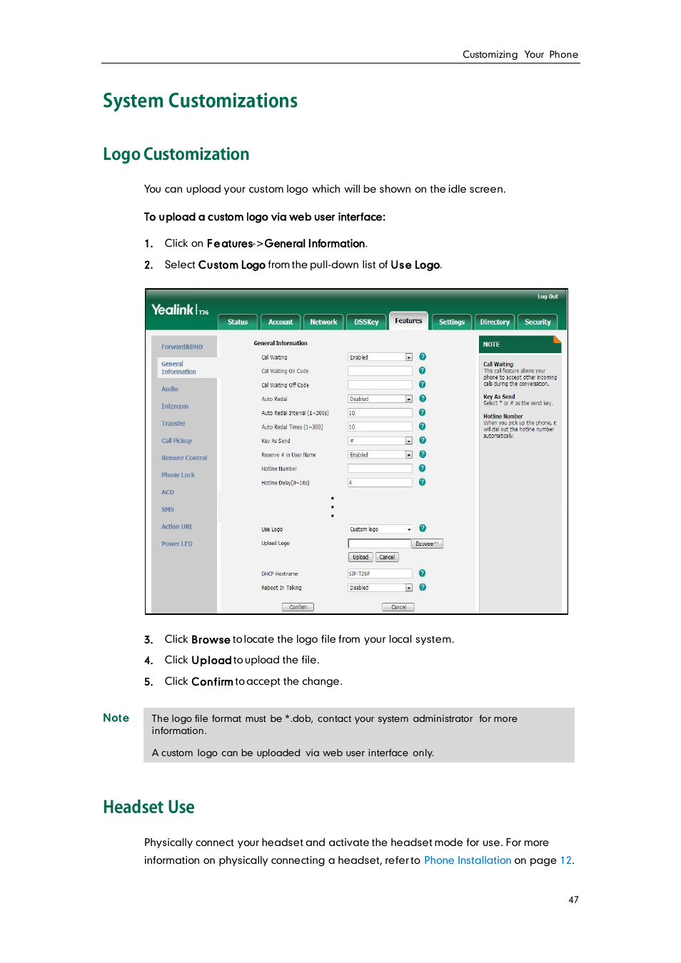 System customizations, Logo customization, Headset use | Yealink SIP-T26P User Manual | Page 59 / 150