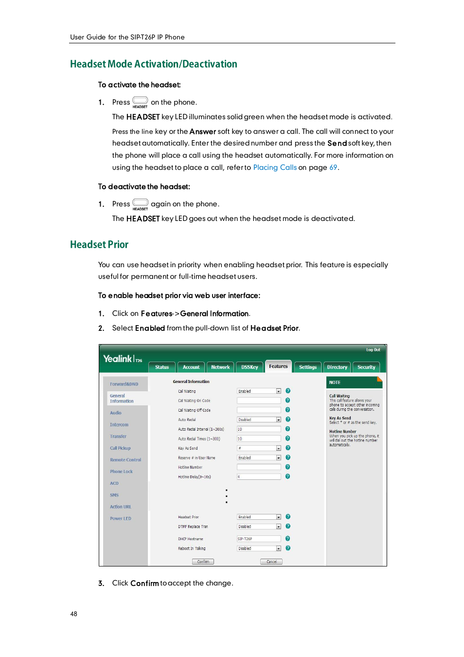 Headset mode activation/deactivation, Headset prior | Yealink SIP-T26P User Manual | Page 60 / 150