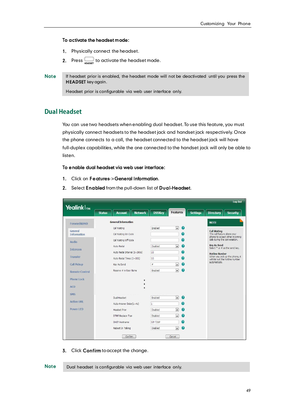 Dual headset | Yealink SIP-T26P User Manual | Page 61 / 150