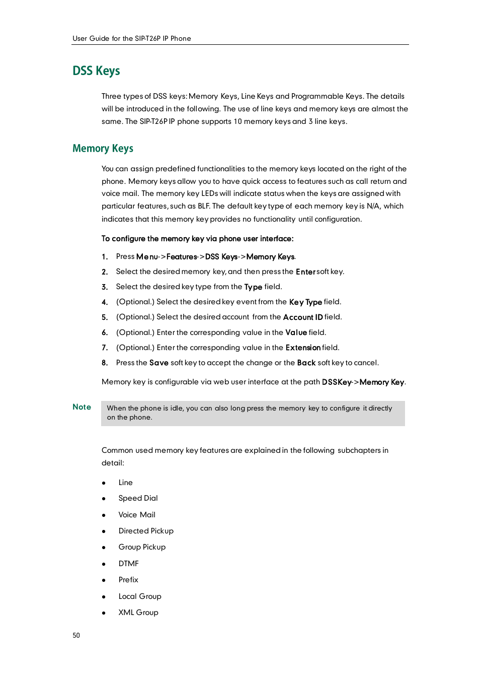 Dss keys, Memory keys | Yealink SIP-T26P User Manual | Page 62 / 150