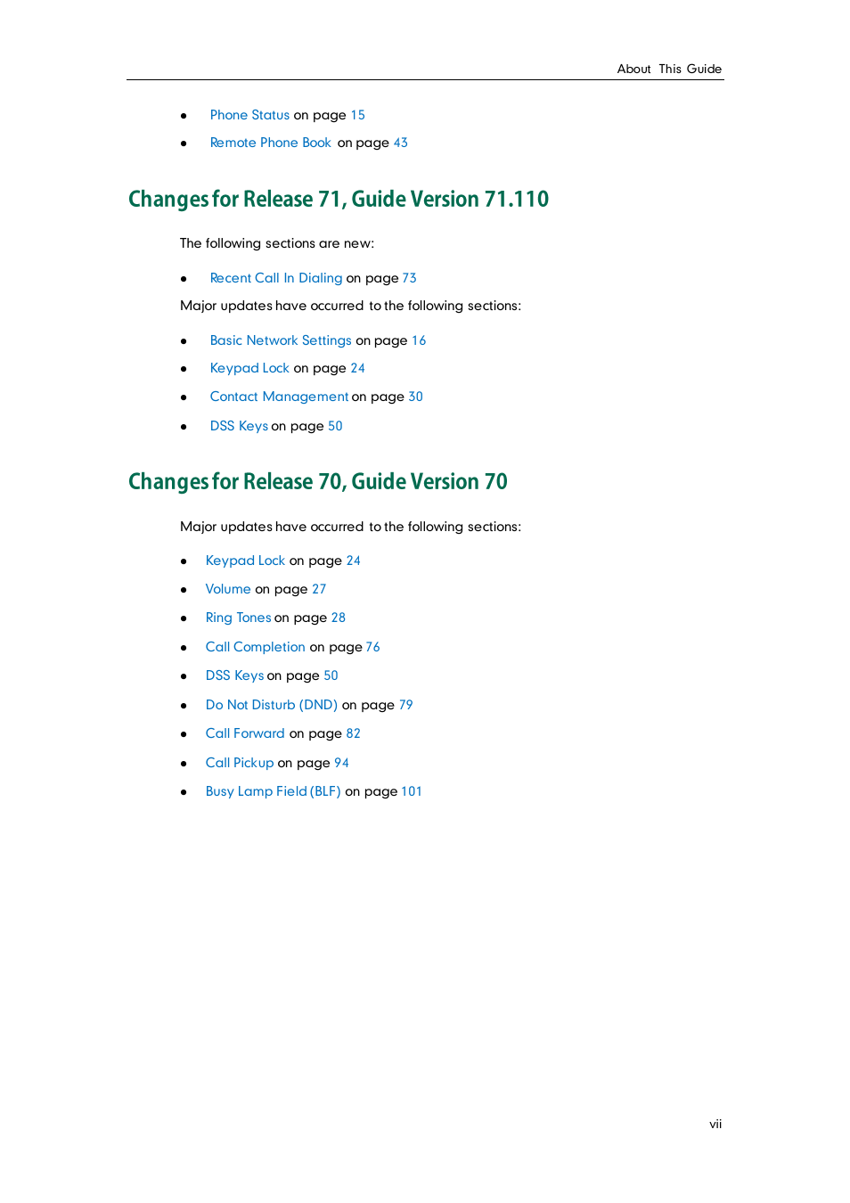 Changes for release 71, guide version 71.110, Changes for release 70, guide version 70 | Yealink SIP-T26P User Manual | Page 7 / 150