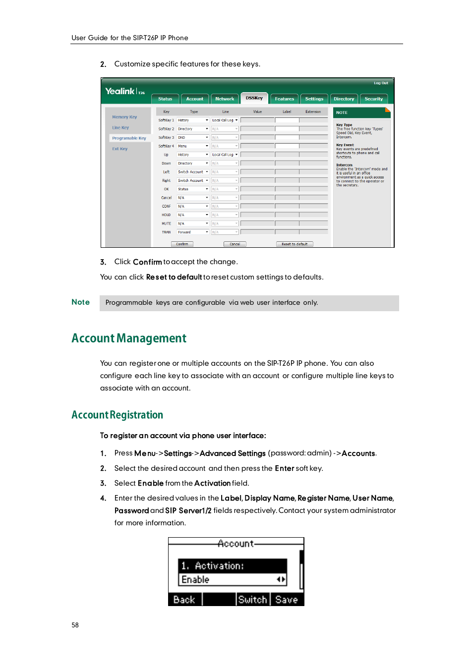 Account management, Account registration | Yealink SIP-T26P User Manual | Page 70 / 150