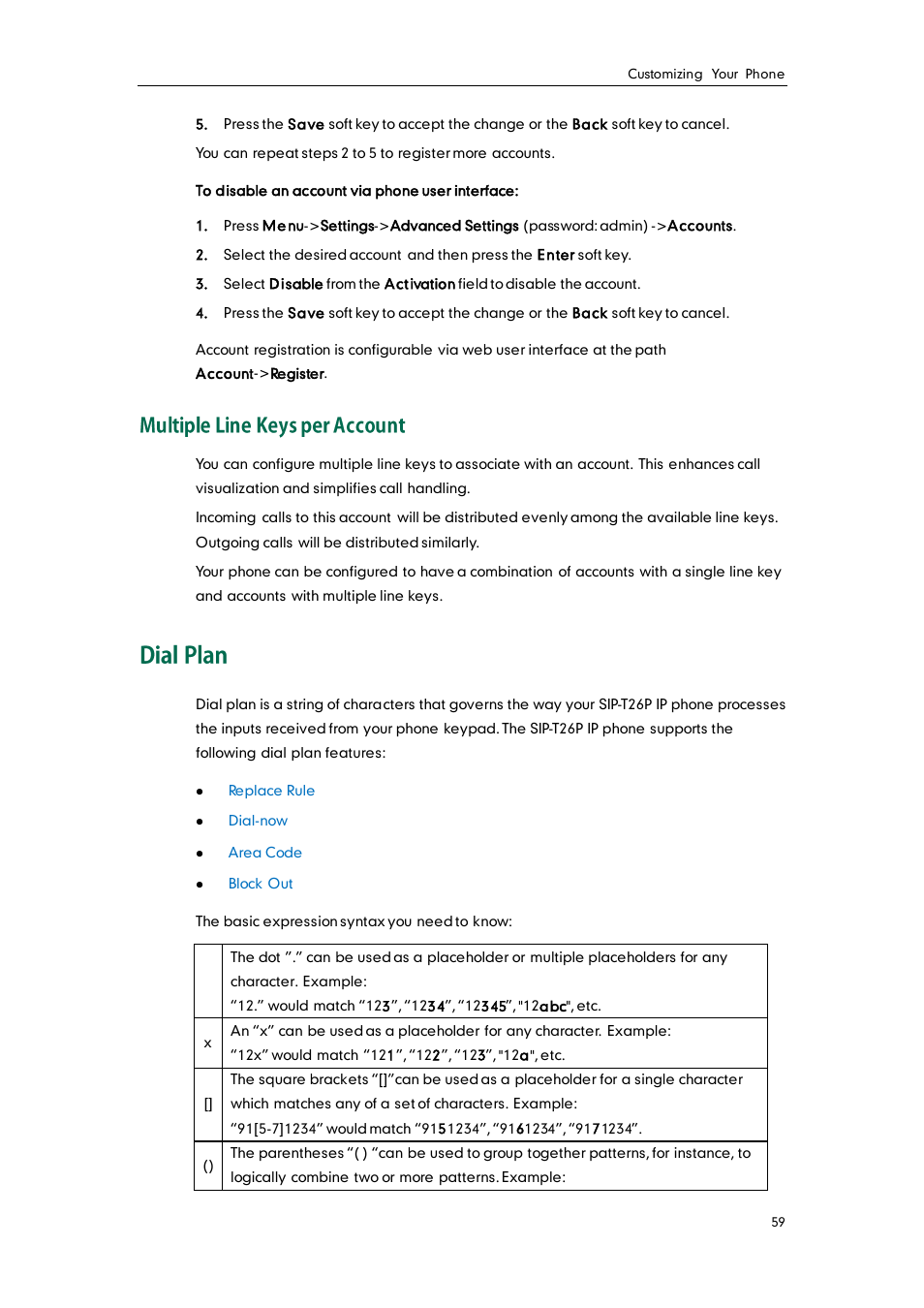Multiple line keys per account, Dial plan | Yealink SIP-T26P User Manual | Page 71 / 150