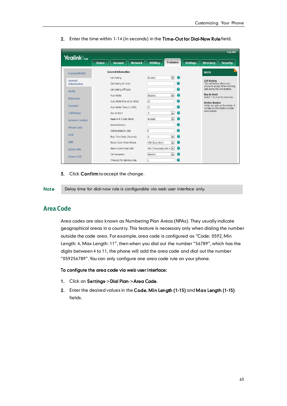 Area code | Yealink SIP-T26P User Manual | Page 75 / 150