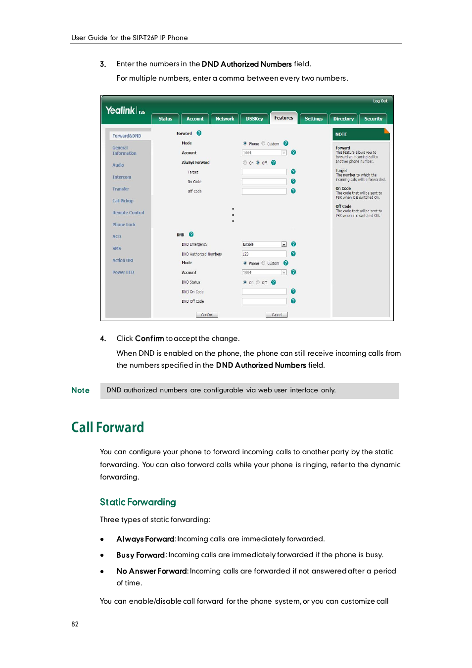 Call forward, Static forwarding | Yealink SIP-T26P User Manual | Page 94 / 150