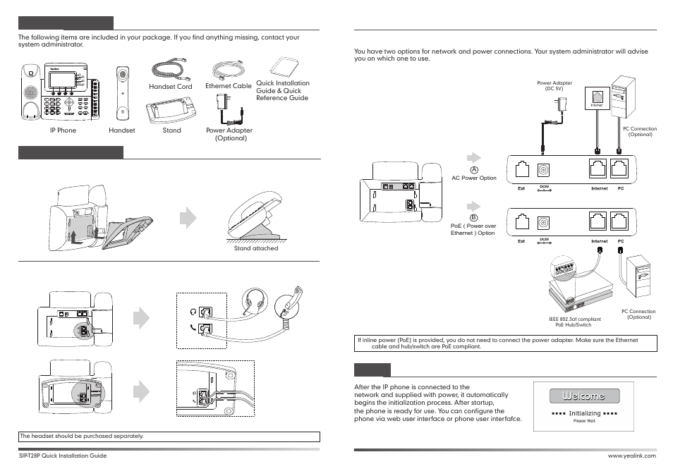 T28(2).pdf, Startup, Packaging contents assembling the phone | Yealink SIP-T28P User Manual | Page 2 / 2