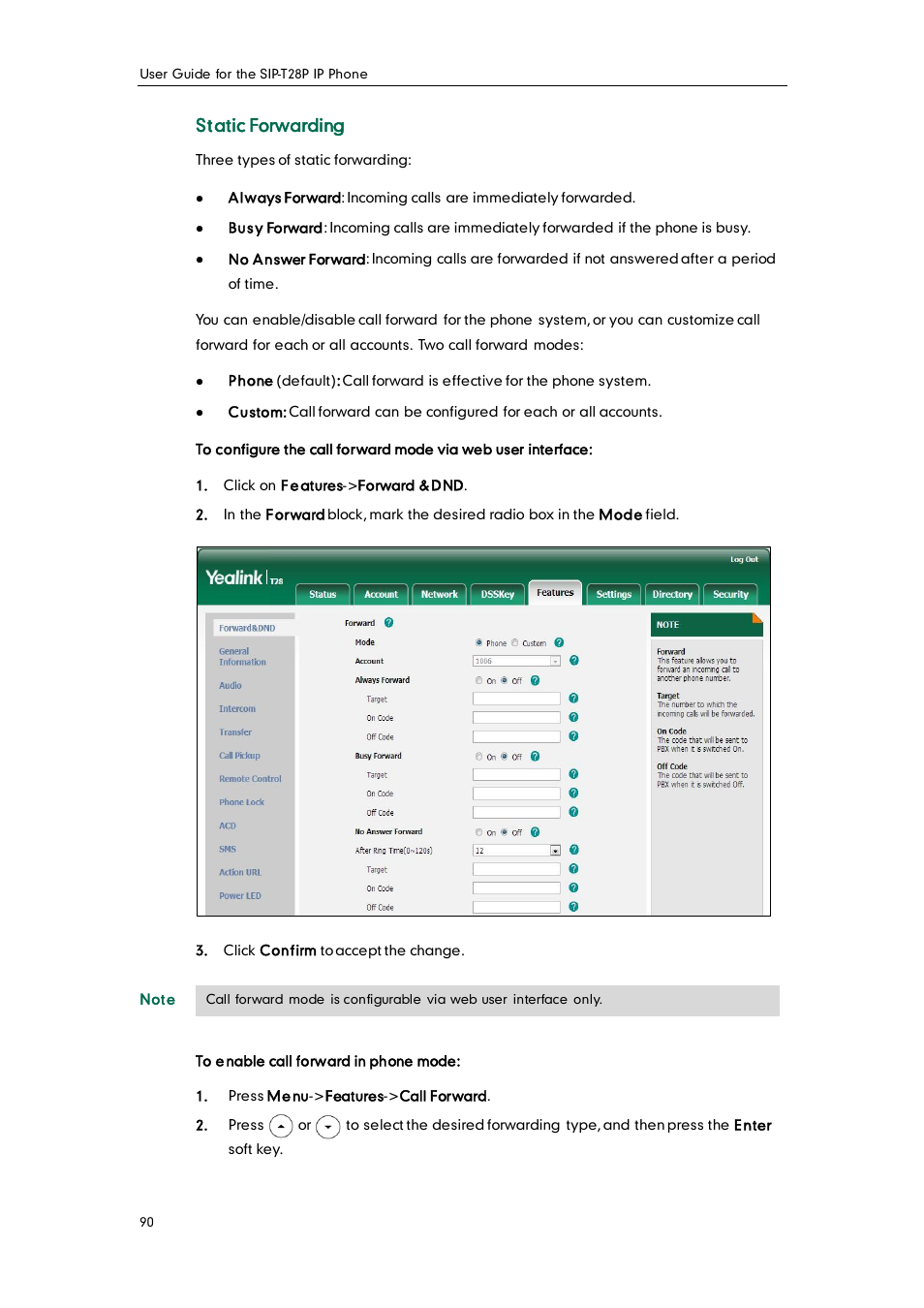 Static forwarding | Yealink SIP-T28P User Manual | Page 102 / 158