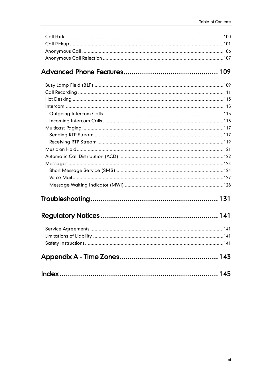 Advanced phone features, Troubleshooting, Regulatory notices | Appendix a - time zones, Index | Yealink SIP-T28P User Manual | Page 11 / 158