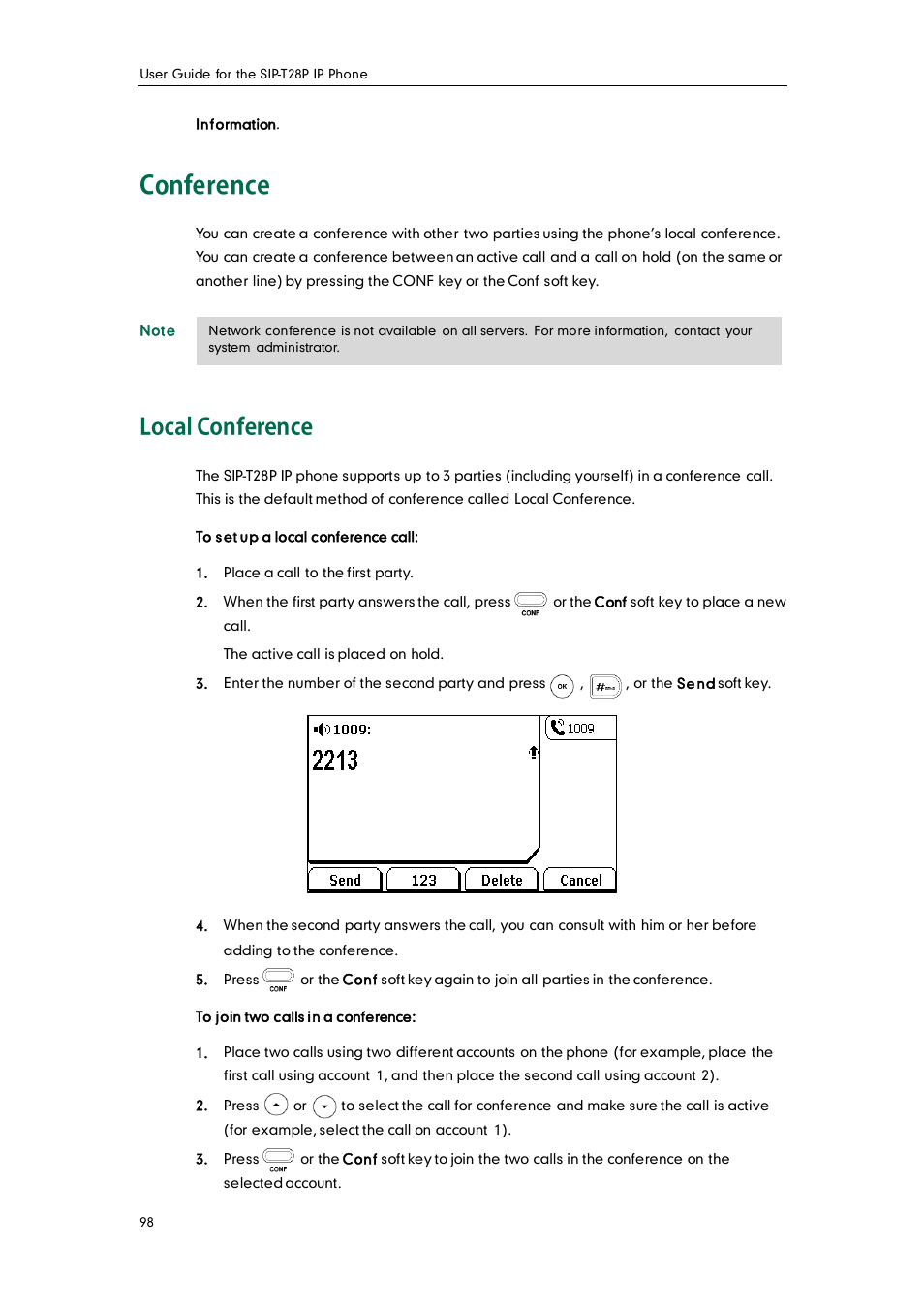 Conference, Local conference | Yealink SIP-T28P User Manual | Page 110 / 158