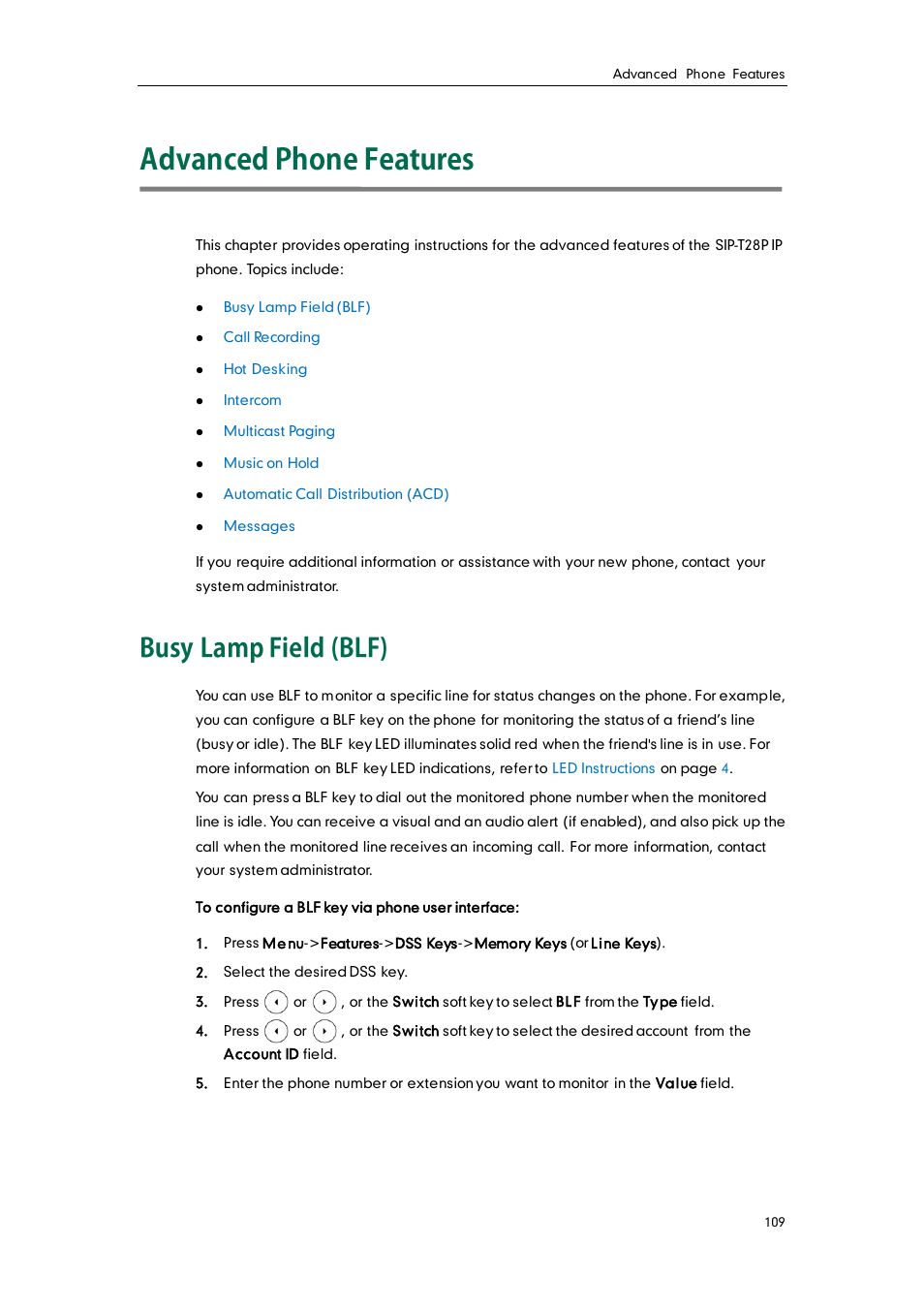 Advanced phone features, Busy lamp field (blf) | Yealink SIP-T28P User Manual | Page 121 / 158