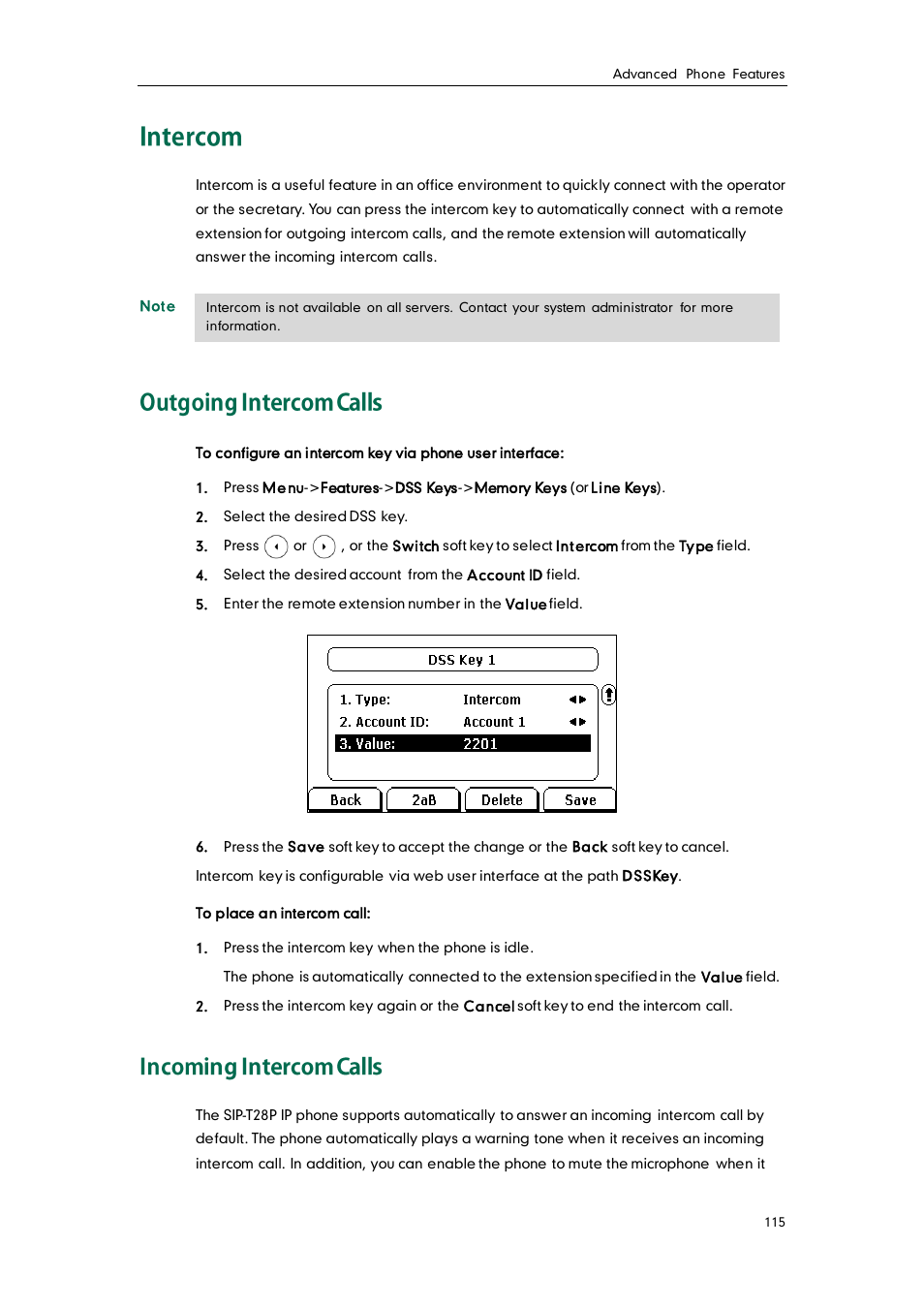 Intercom, Outgoing intercom calls, Incoming intercom calls | Yealink SIP-T28P User Manual | Page 127 / 158