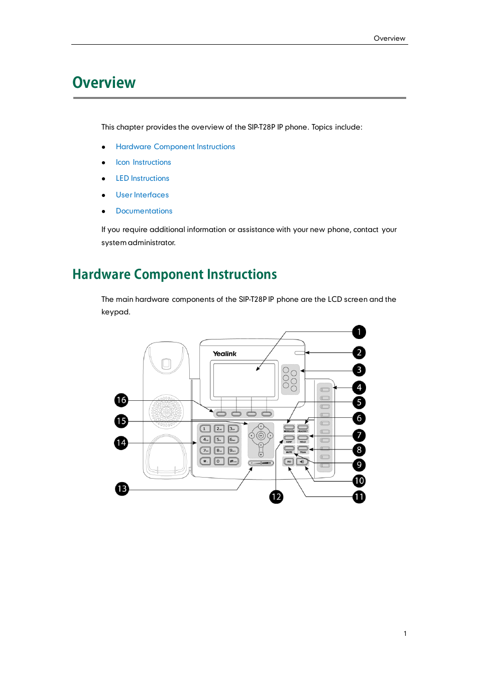 Overview, Hardware component instructions | Yealink SIP-T28P User Manual | Page 13 / 158