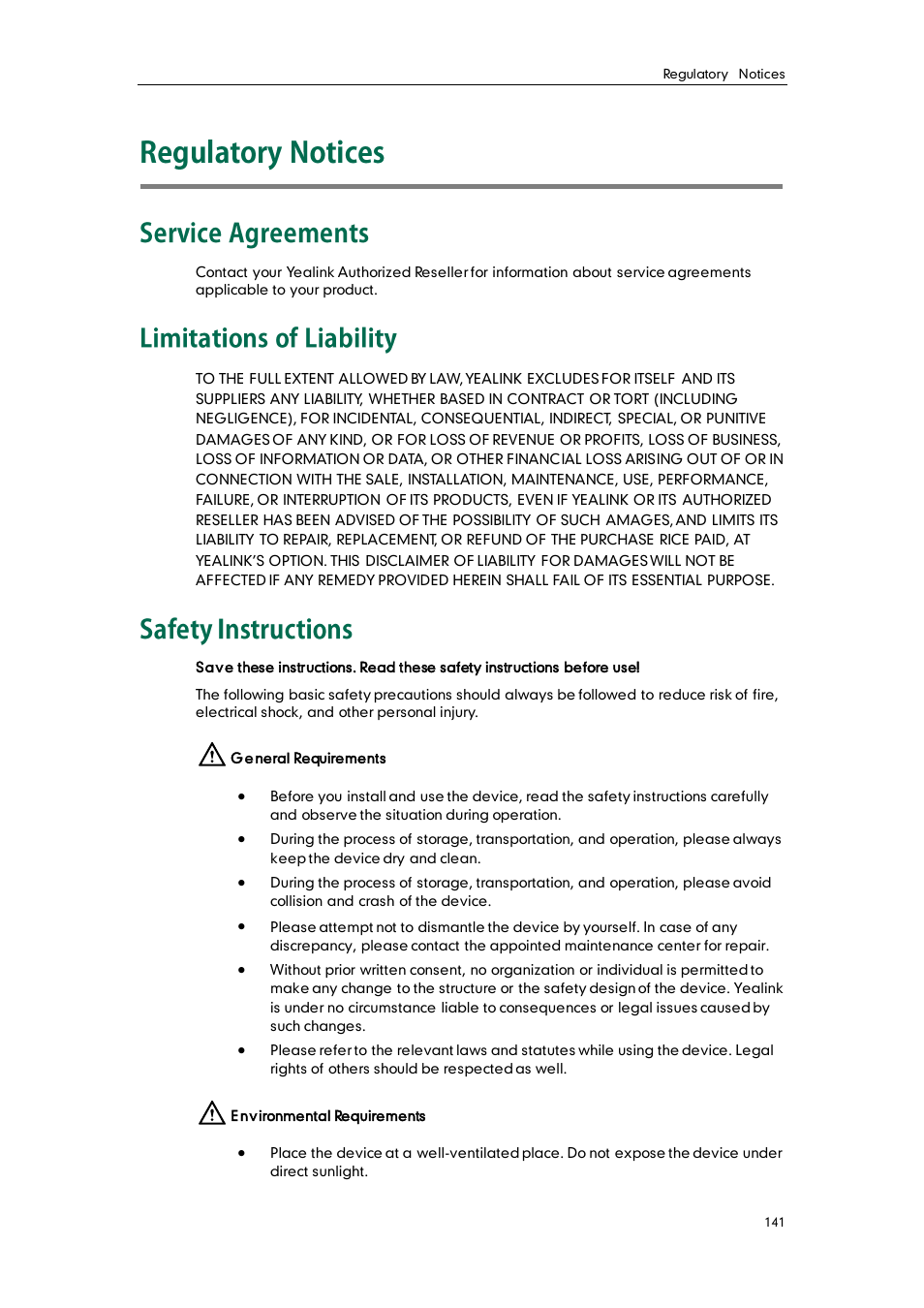 Regulatory notices, Service agreements, Limitations of liability | Safety instructions | Yealink SIP-T28P User Manual | Page 153 / 158