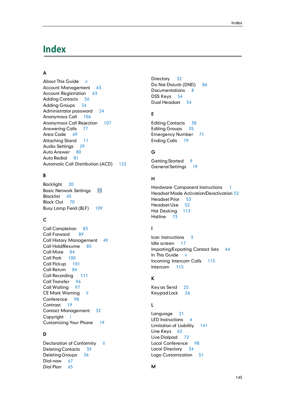 Index | Yealink SIP-T28P User Manual | Page 157 / 158