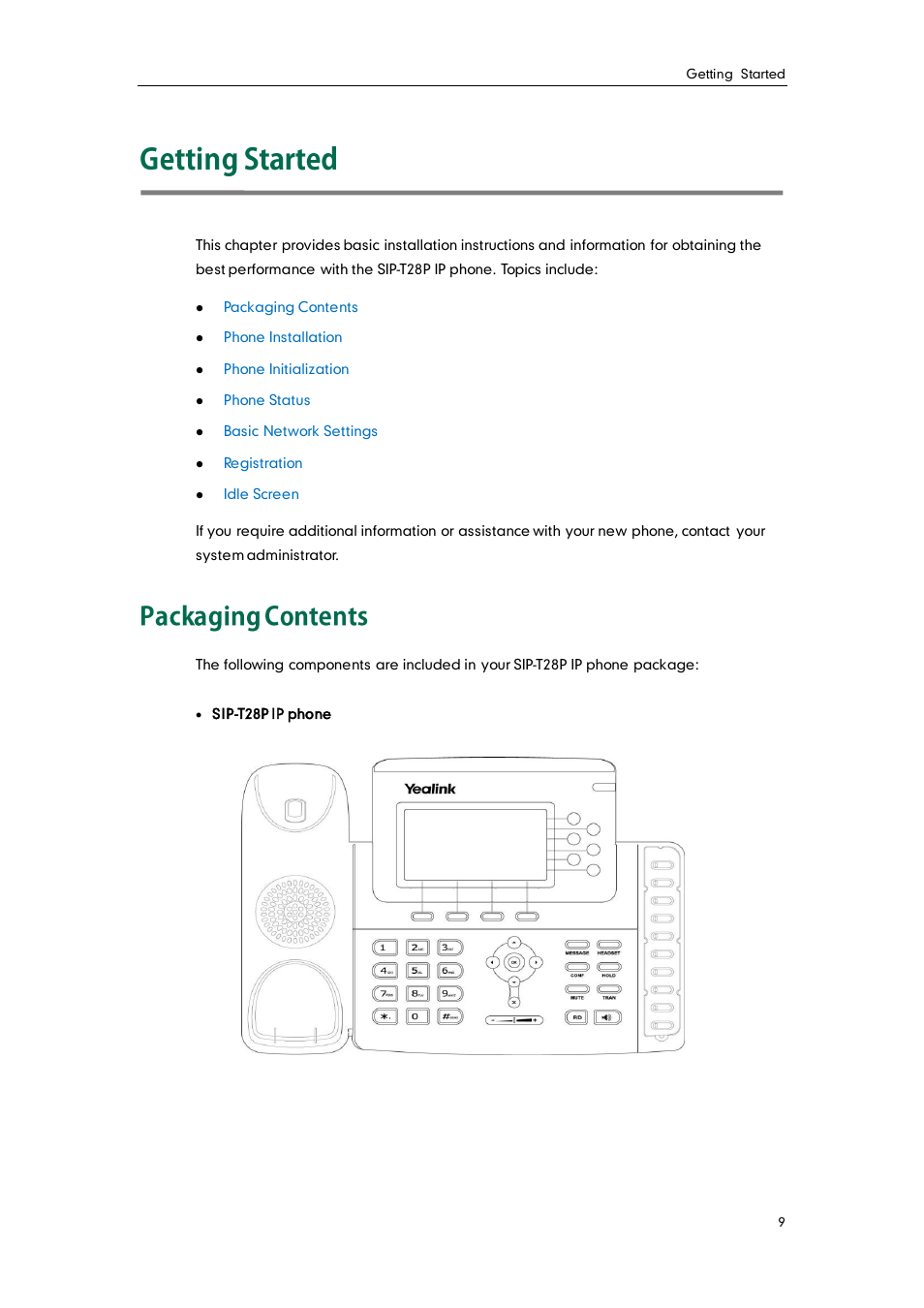 Getting started, Packaging contents | Yealink SIP-T28P User Manual | Page 21 / 158