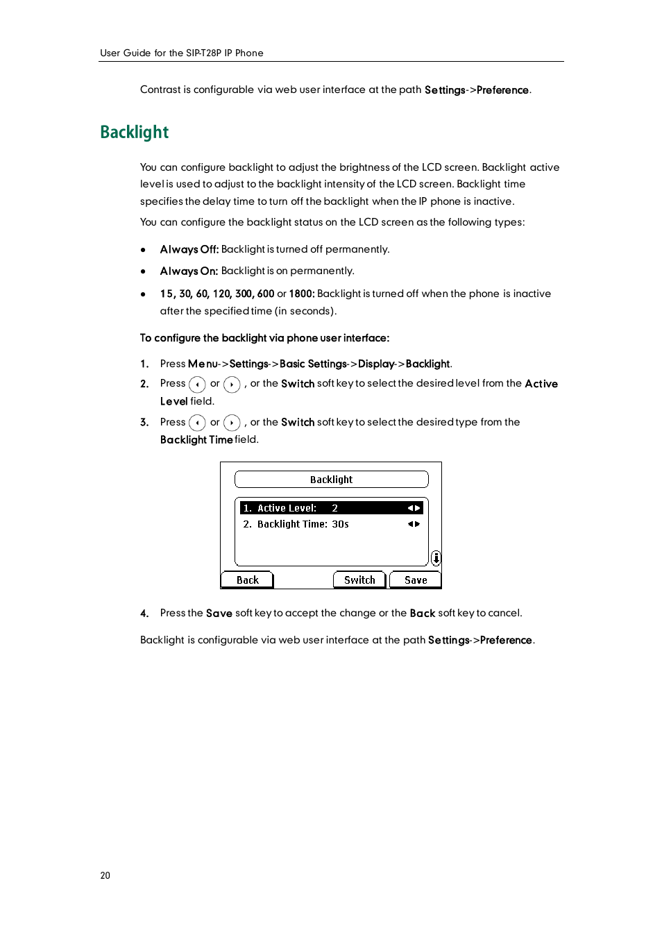 Backlight | Yealink SIP-T28P User Manual | Page 32 / 158
