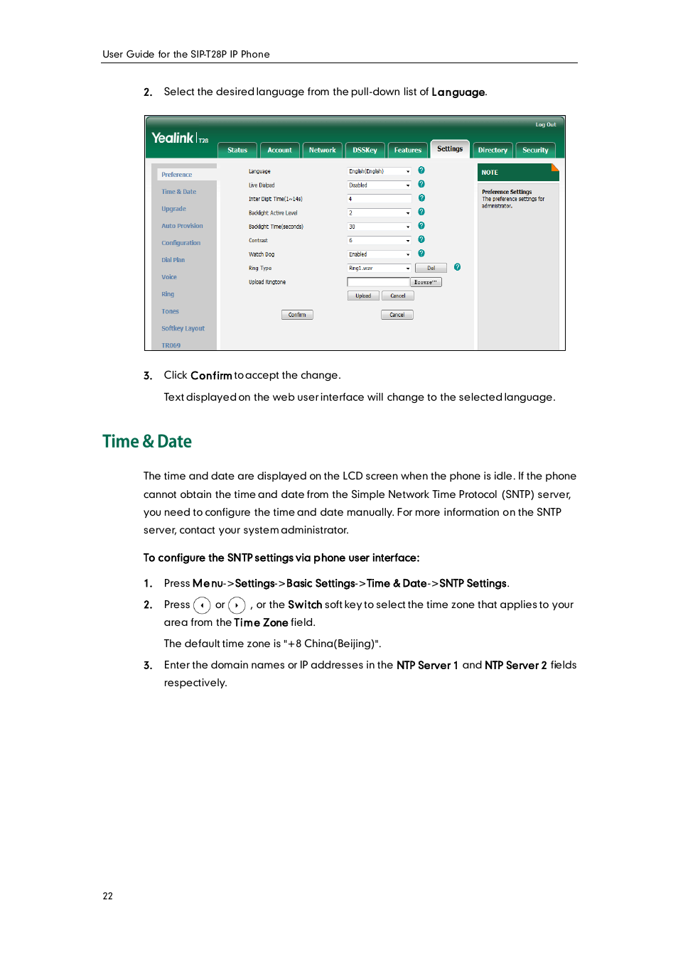Time & date | Yealink SIP-T28P User Manual | Page 34 / 158