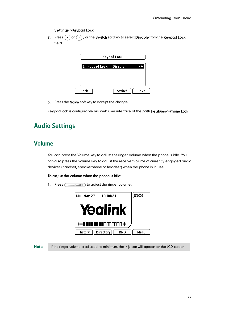 Audio settings, Volume | Yealink SIP-T28P User Manual | Page 41 / 158