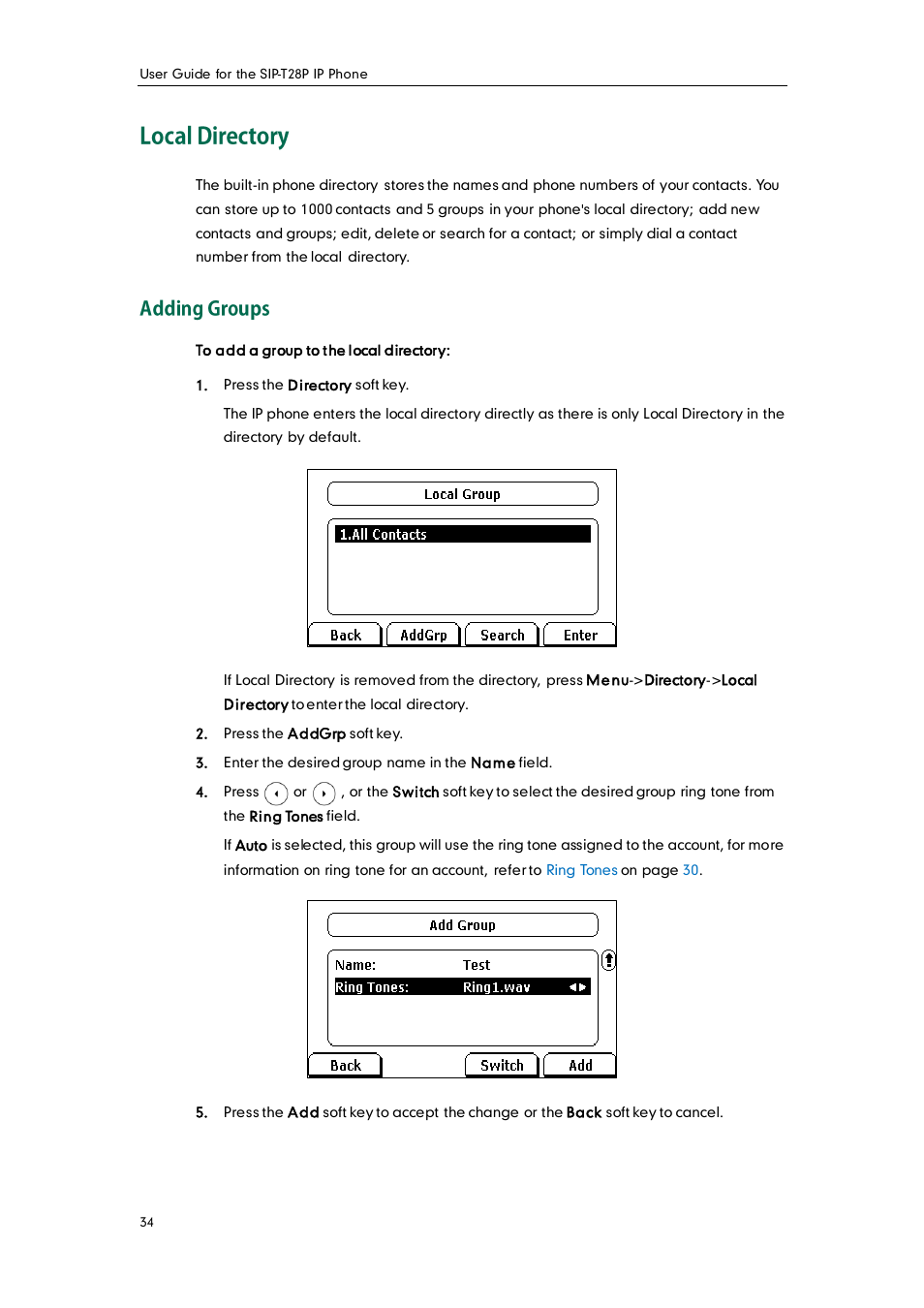 Local directory, Adding groups | Yealink SIP-T28P User Manual | Page 46 / 158