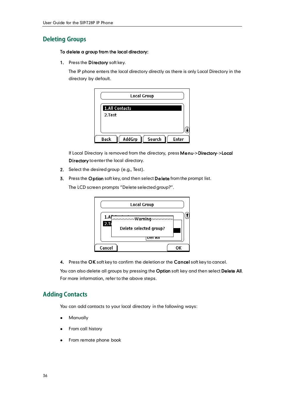Deleting groups, Adding contacts | Yealink SIP-T28P User Manual | Page 48 / 158