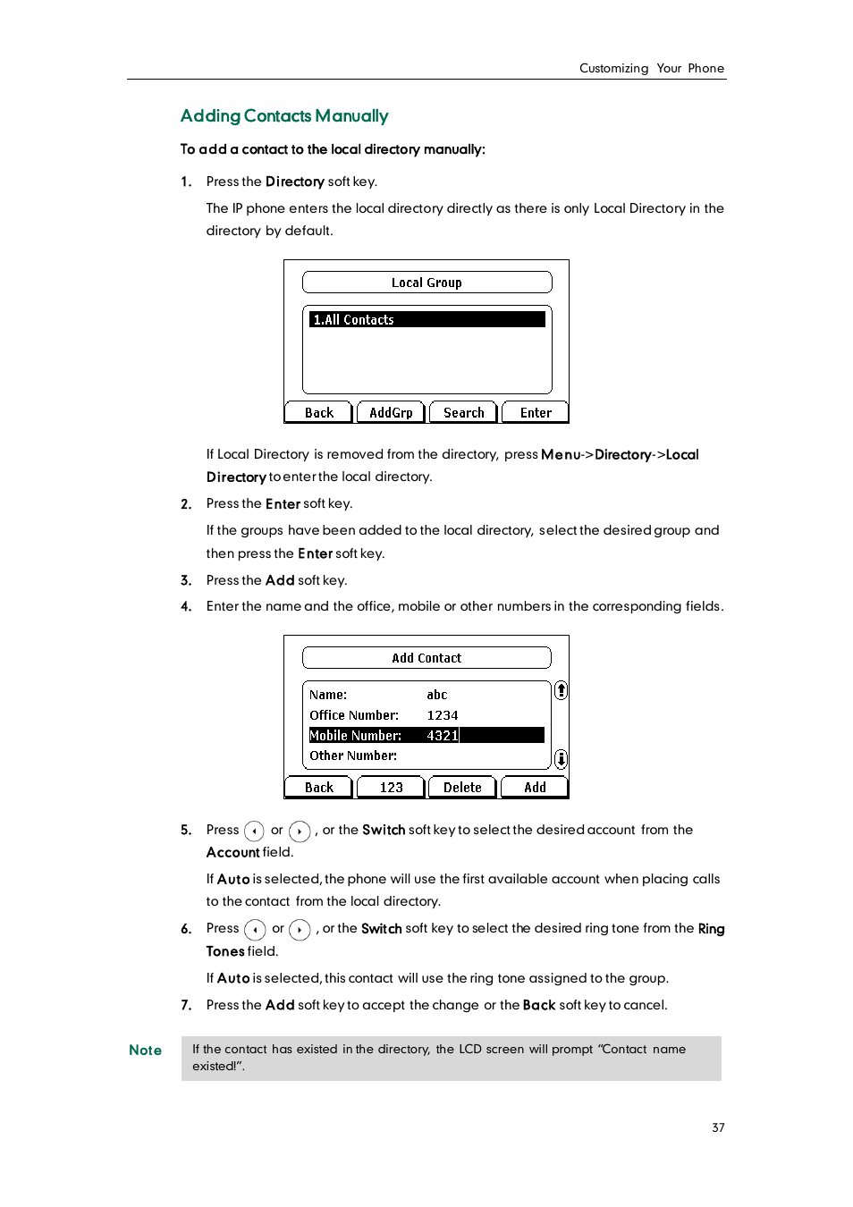 Adding contacts manually | Yealink SIP-T28P User Manual | Page 49 / 158