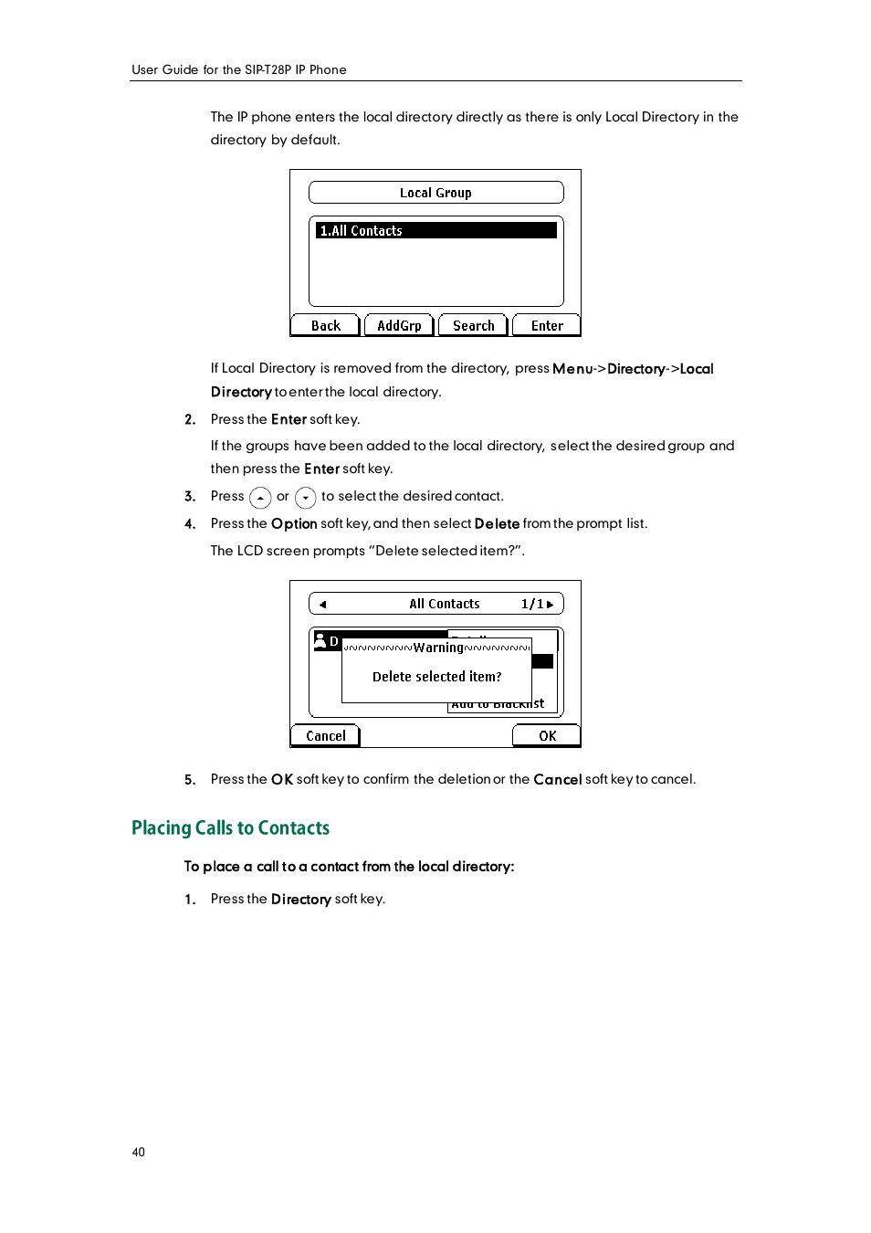 Placing calls to contacts | Yealink SIP-T28P User Manual | Page 52 / 158