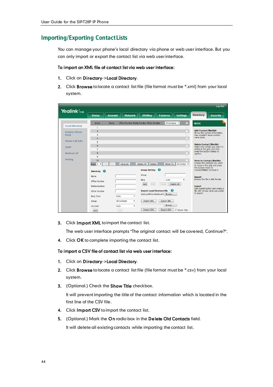 Importing/exporting contact lists | Yealink SIP-T28P User Manual | Page 56 / 158