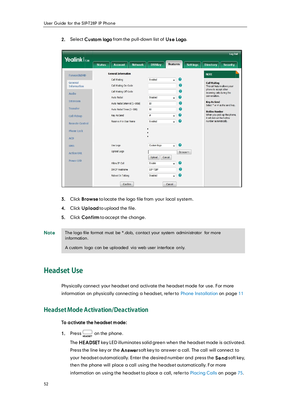 Headset use, Headset mode activation/deactivation | Yealink SIP-T28P User Manual | Page 64 / 158