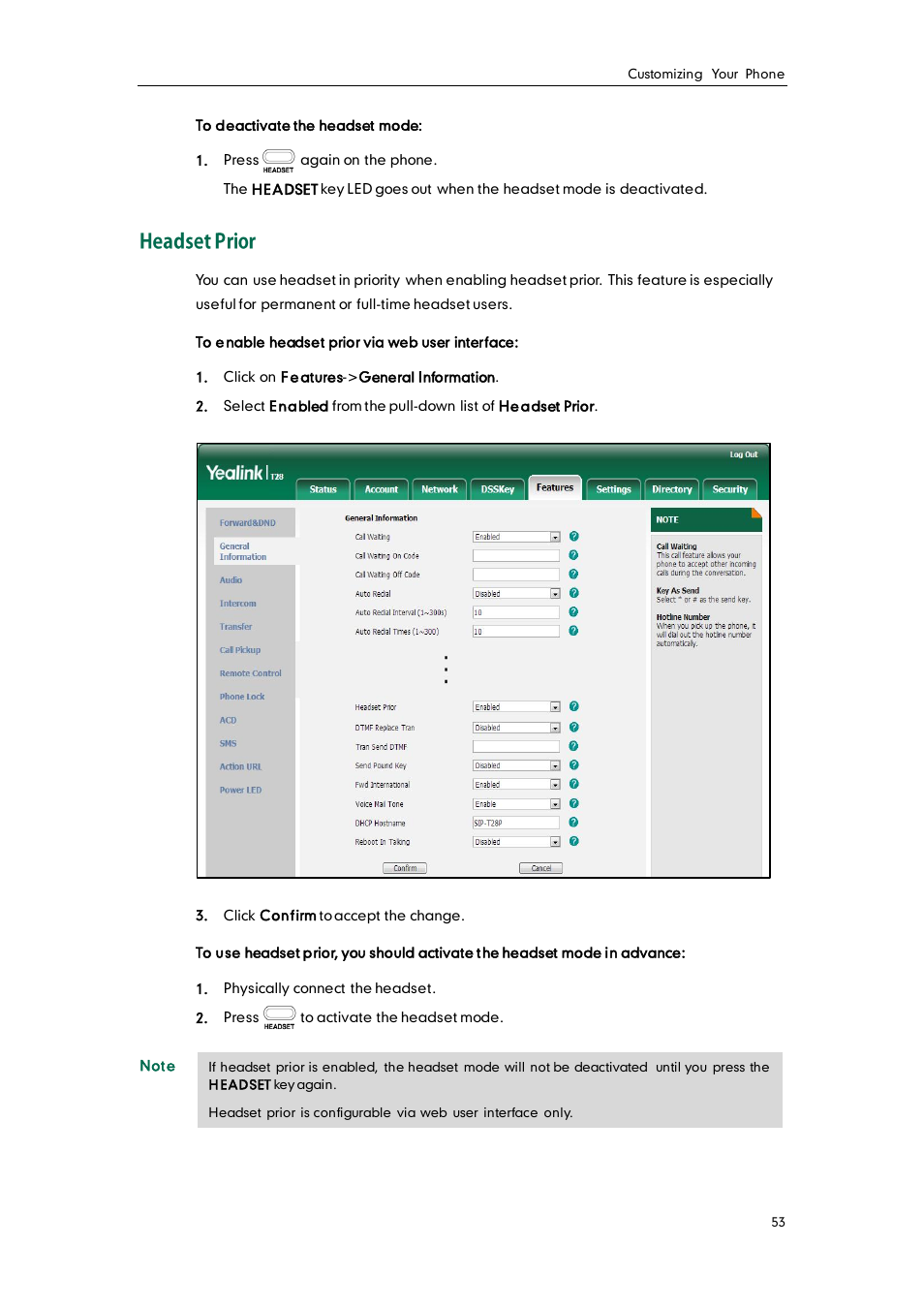 Headset prior | Yealink SIP-T28P User Manual | Page 65 / 158