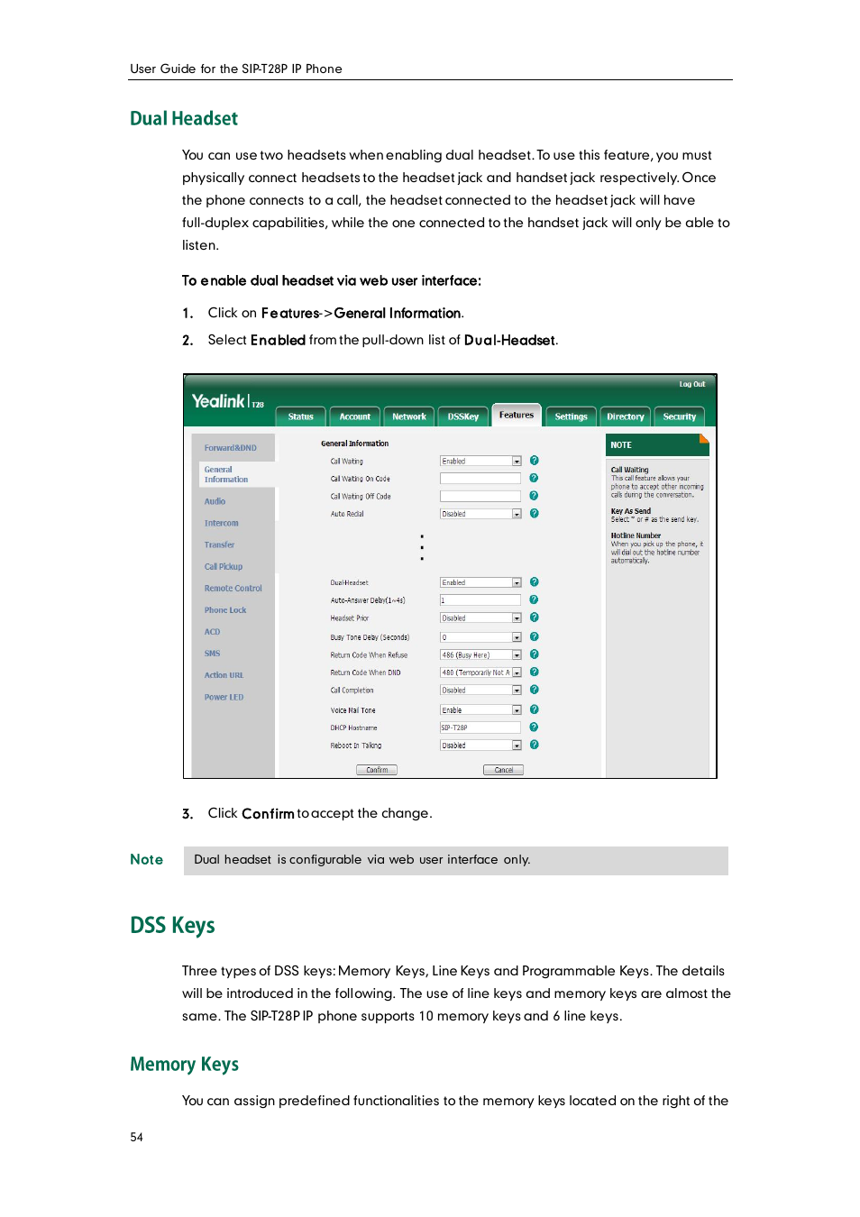 Dual headset, Dss keys, Memory keys | Yealink SIP-T28P User Manual | Page 66 / 158