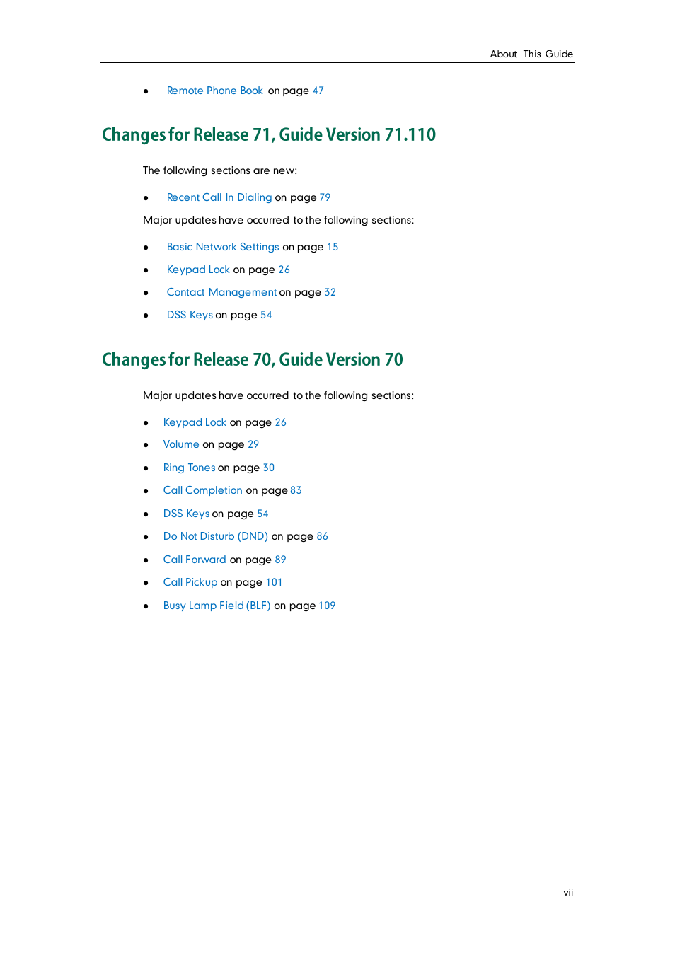 Changes for release 71, guide version 71.110, Changes for release 70, guide version 70 | Yealink SIP-T28P User Manual | Page 7 / 158