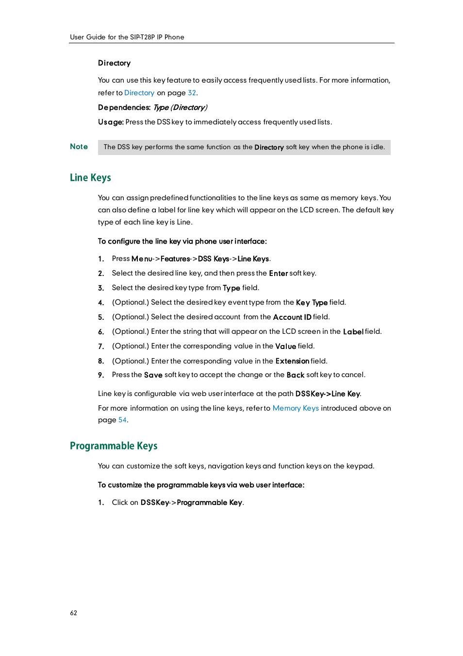Line keys, Programmable keys | Yealink SIP-T28P User Manual | Page 74 / 158