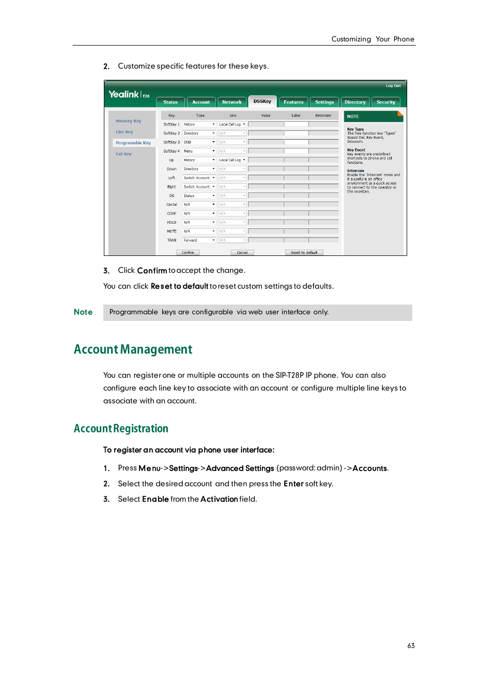 Account management, Account registration | Yealink SIP-T28P User Manual | Page 75 / 158