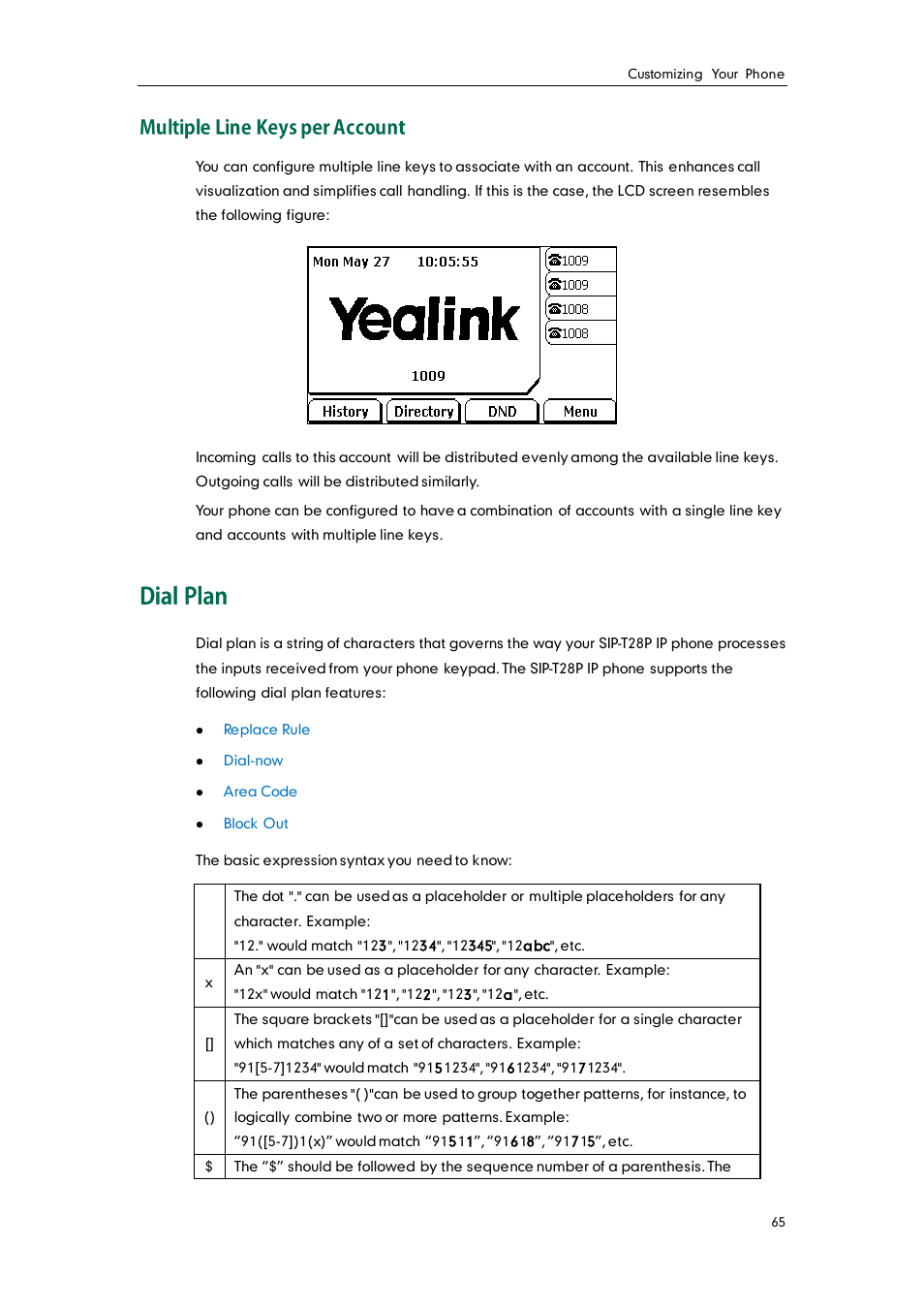 Multiple line keys per account, Dial plan | Yealink SIP-T28P User Manual | Page 77 / 158
