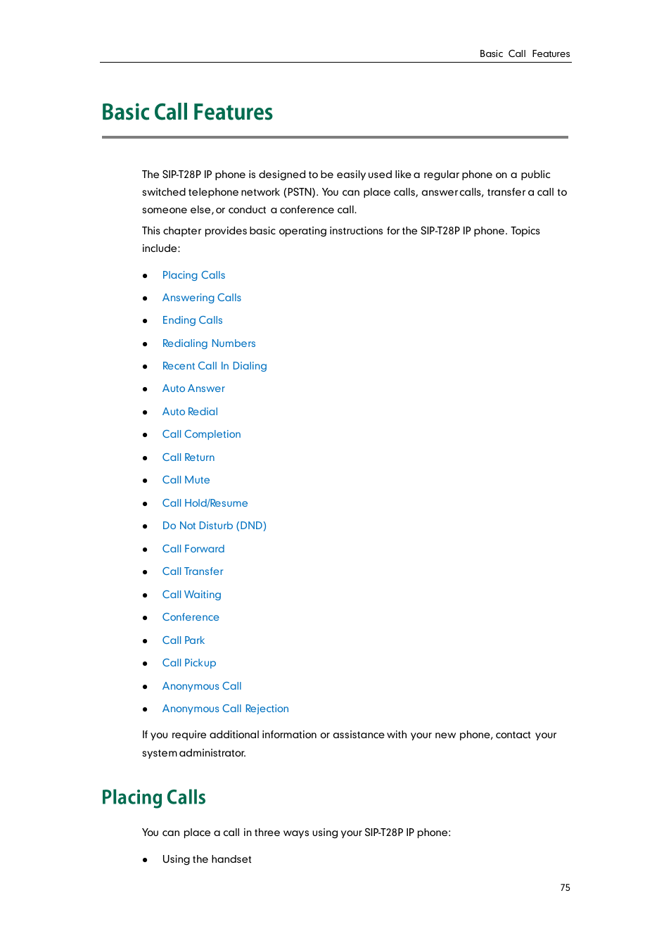 Basic call features, Placing calls | Yealink SIP-T28P User Manual | Page 87 / 158