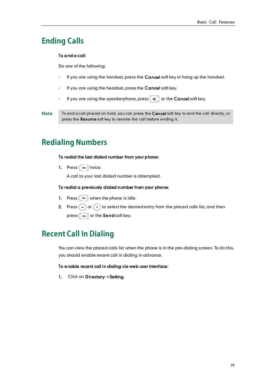 Ending calls, Redialing numbers, Recent call in dialing | Yealink SIP-T28P User Manual | Page 91 / 158