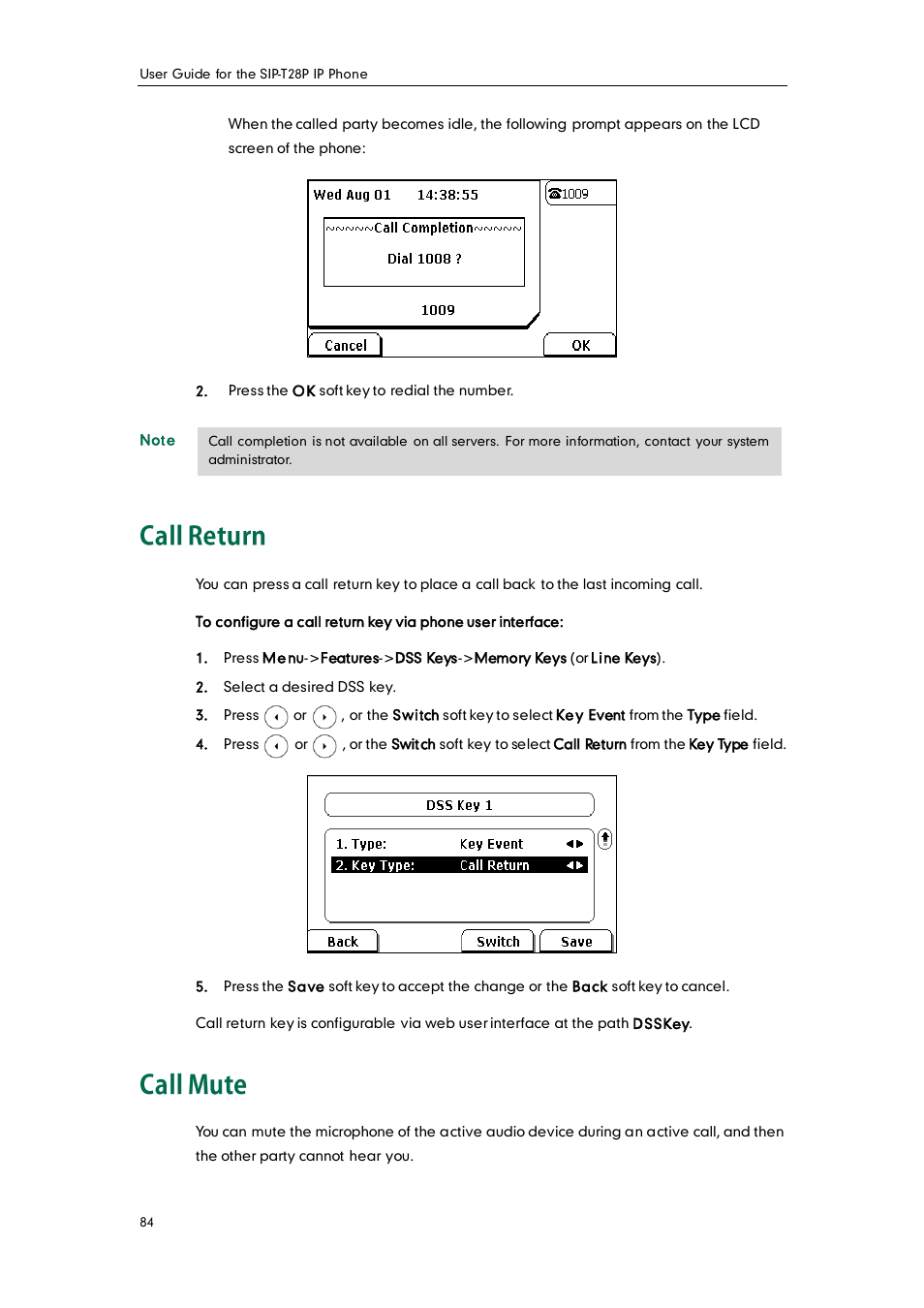 Call return, Call mute | Yealink SIP-T28P User Manual | Page 96 / 158