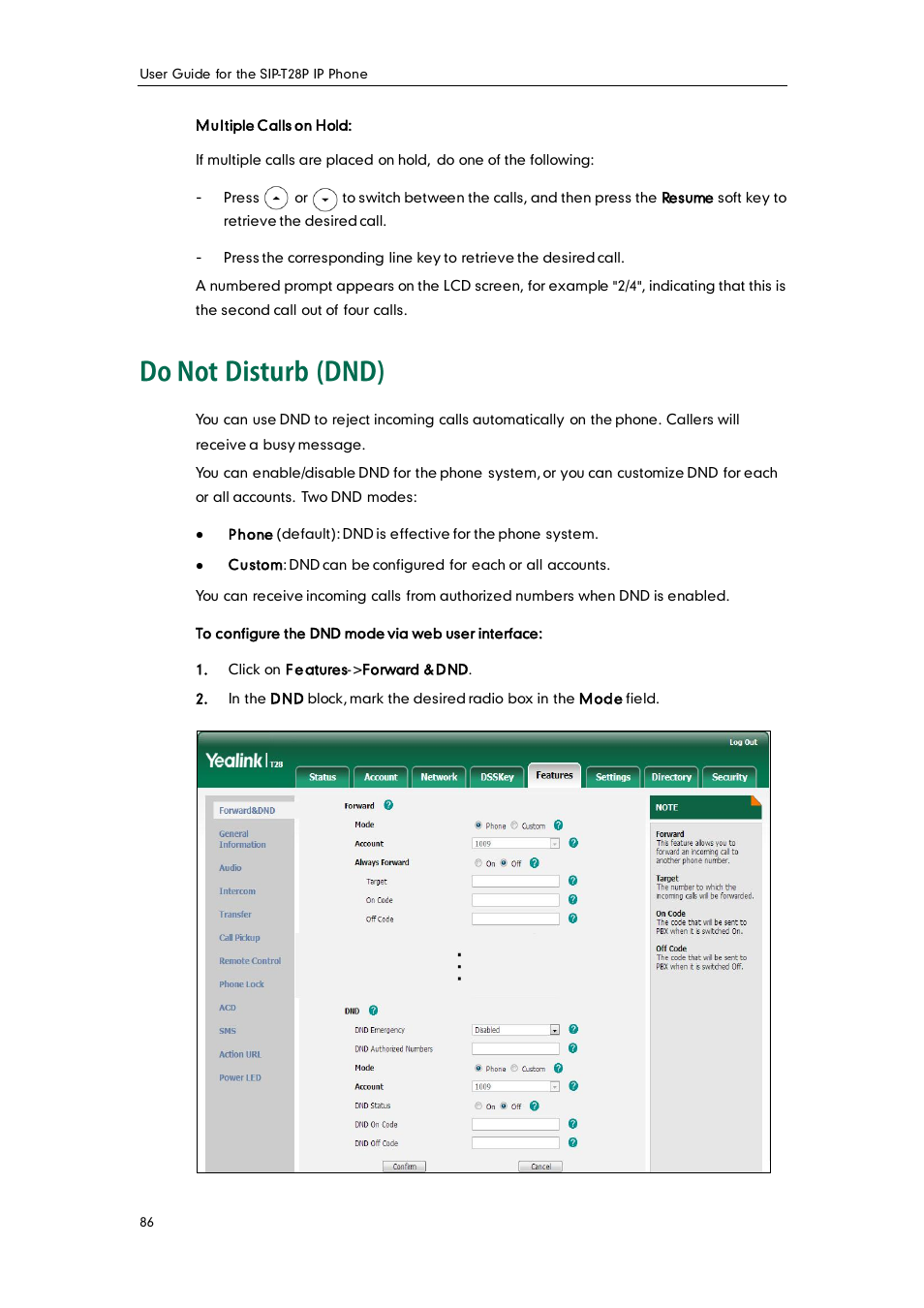 Do not disturb (dnd), Do not, Disturb (dnd) | Yealink SIP-T28P User Manual | Page 98 / 158