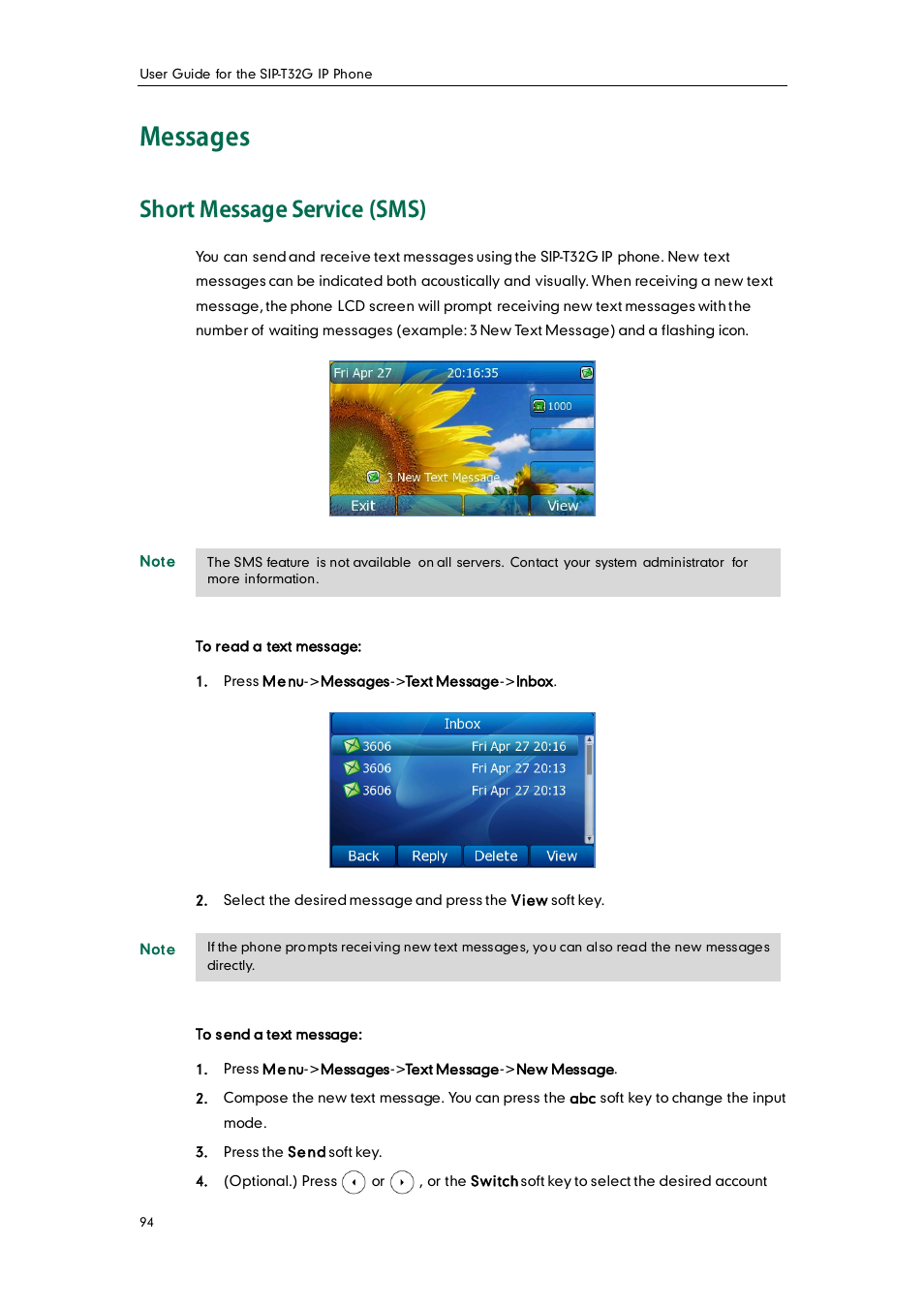 Messages, Short message service (sms) | Yealink SIP-T32G User Manual | Page 104 / 118