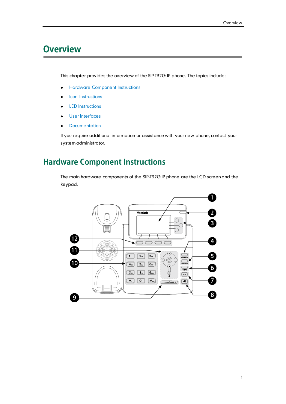 Overview, Hardware component instructions | Yealink SIP-T32G User Manual | Page 11 / 118