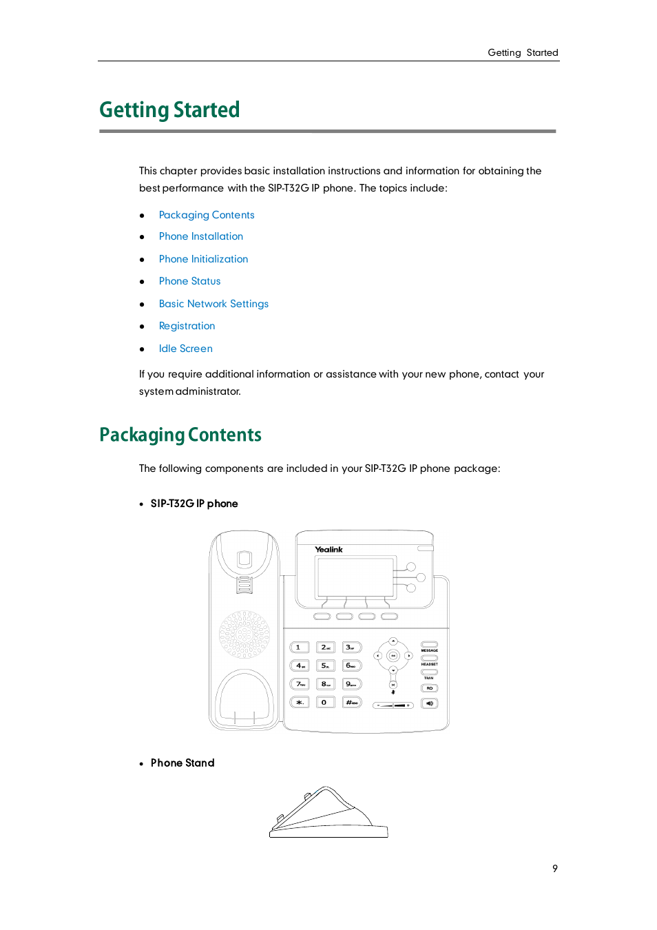 Getting started, Packaging contents | Yealink SIP-T32G User Manual | Page 19 / 118