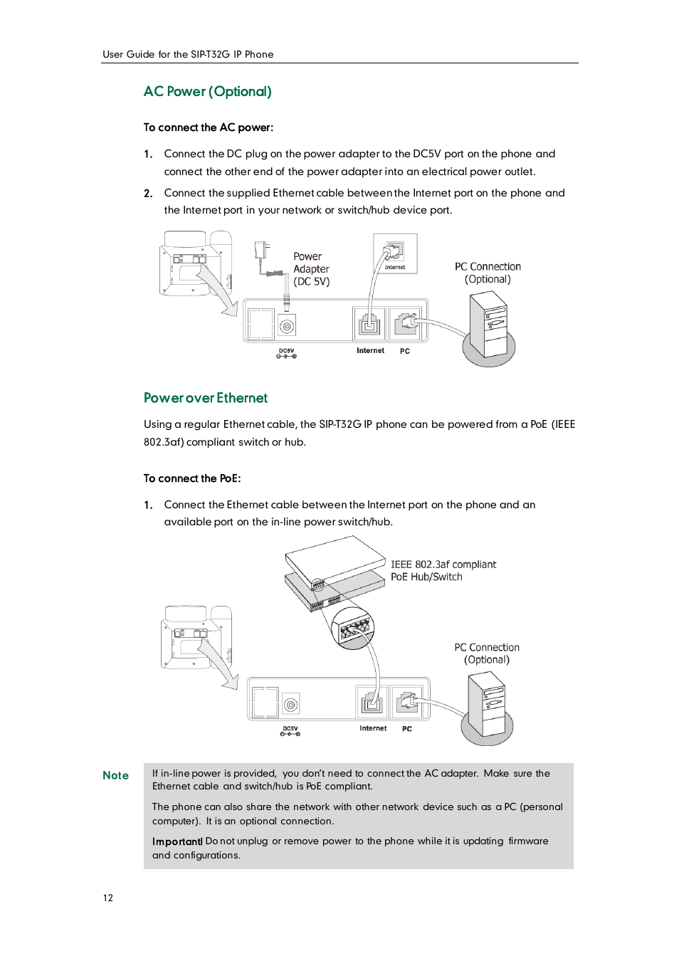Ac power (optional), Power over ethernet | Yealink SIP-T32G User Manual | Page 22 / 118